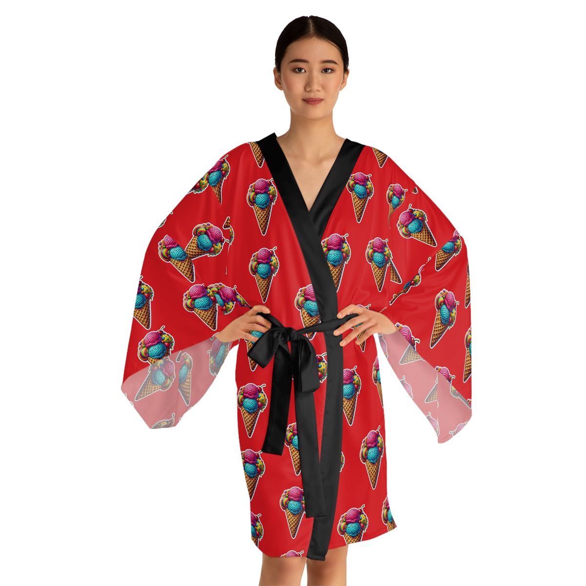 Woman modeling Scoop Dreams ice cream print kimono lounge robe from the front