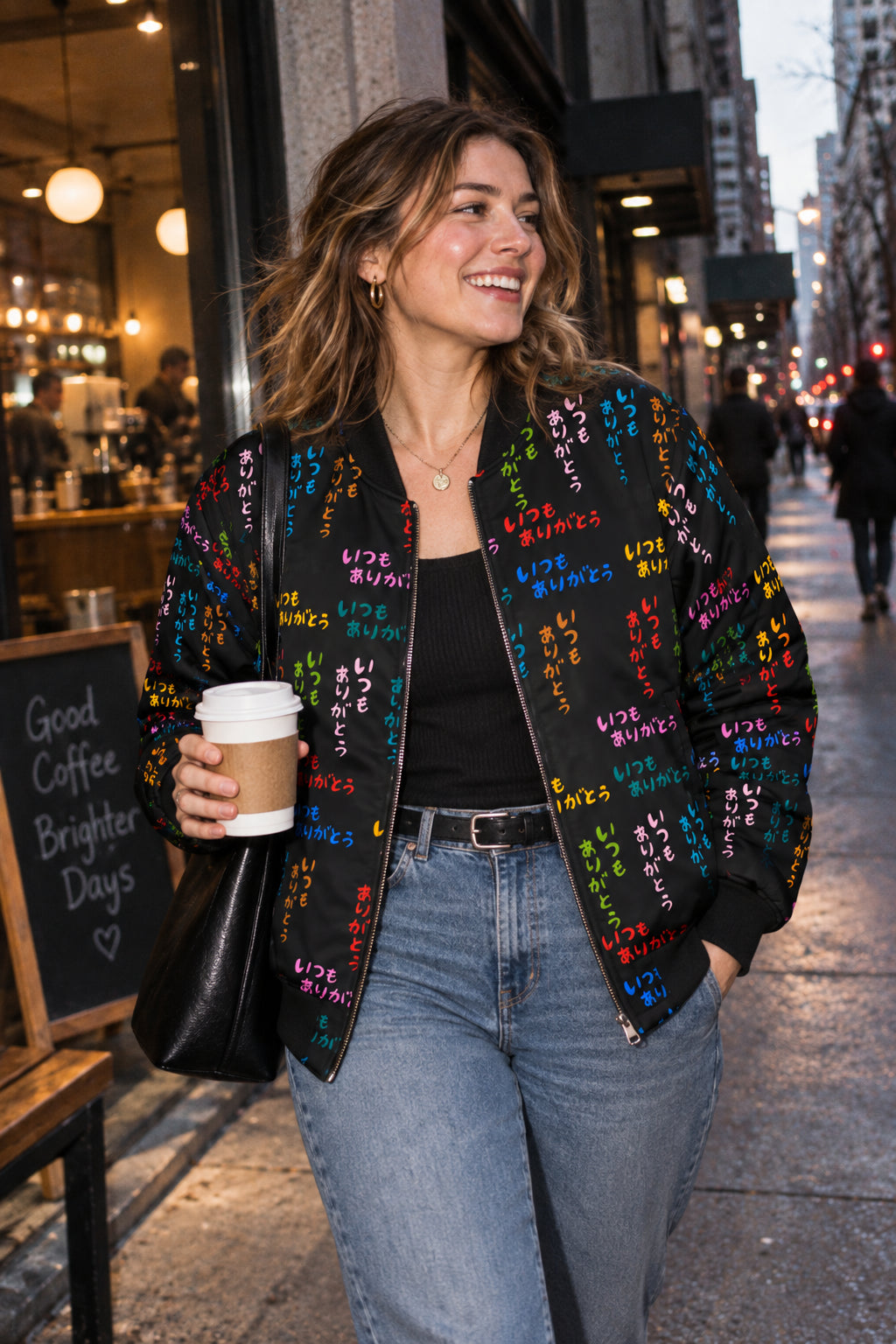 Millennial woman with a realistic body type wearing a black bomber jacket with colorful Japanese text, walking on a city sidewalk with coffee in hand