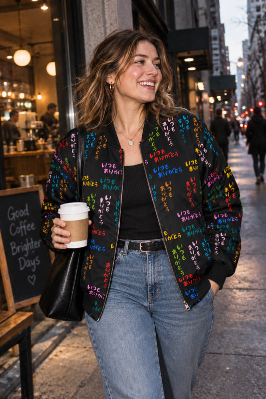 Millennial woman with a realistic body type wearing a black bomber jacket with colorful Japanese text, walking on a city sidewalk with coffee in hand
