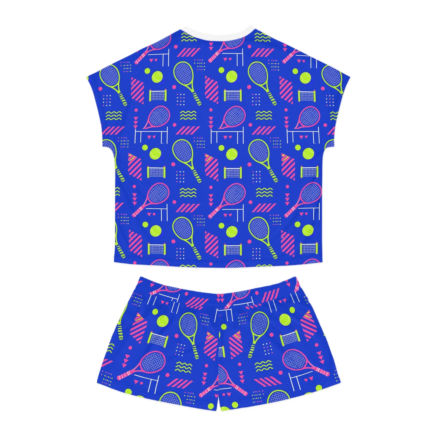 Back view of women’s tennis pajama set with matching short sleeve top and shorts