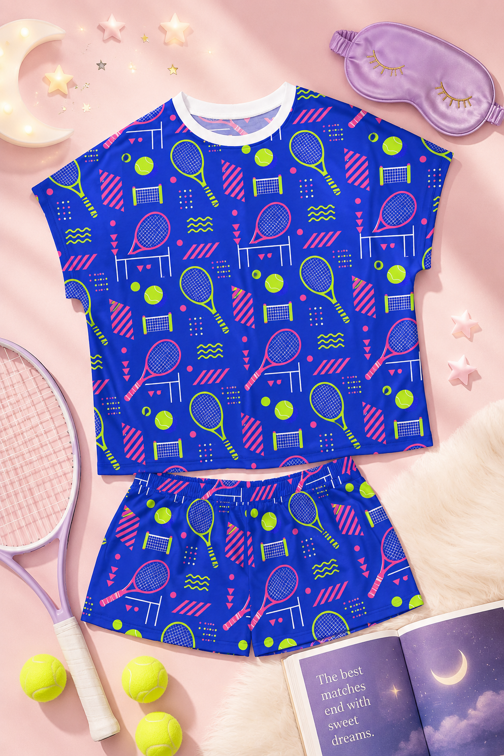 Colorful women’s tennis pajama set flat lay with racket, tennis balls and sleep accessories
