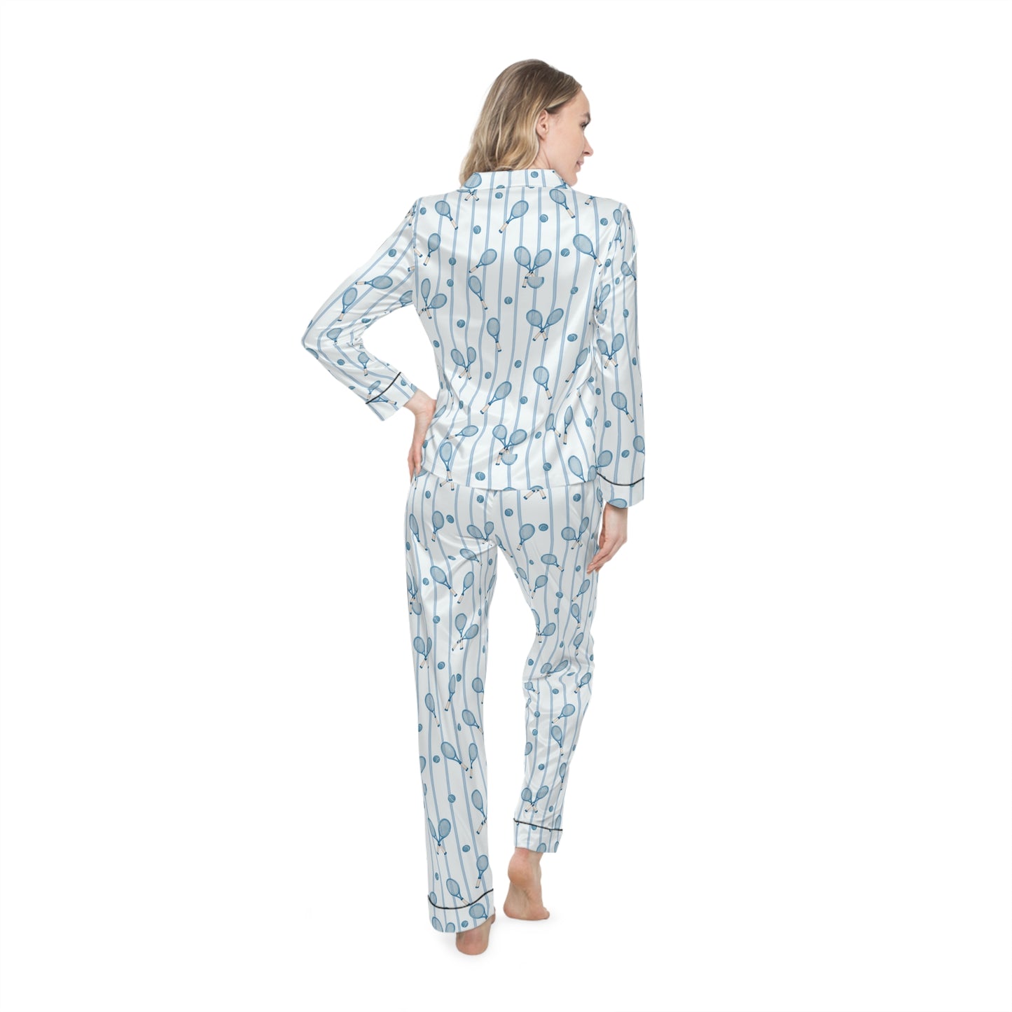 Back view of woman wearing women’s tennis satin pajama set