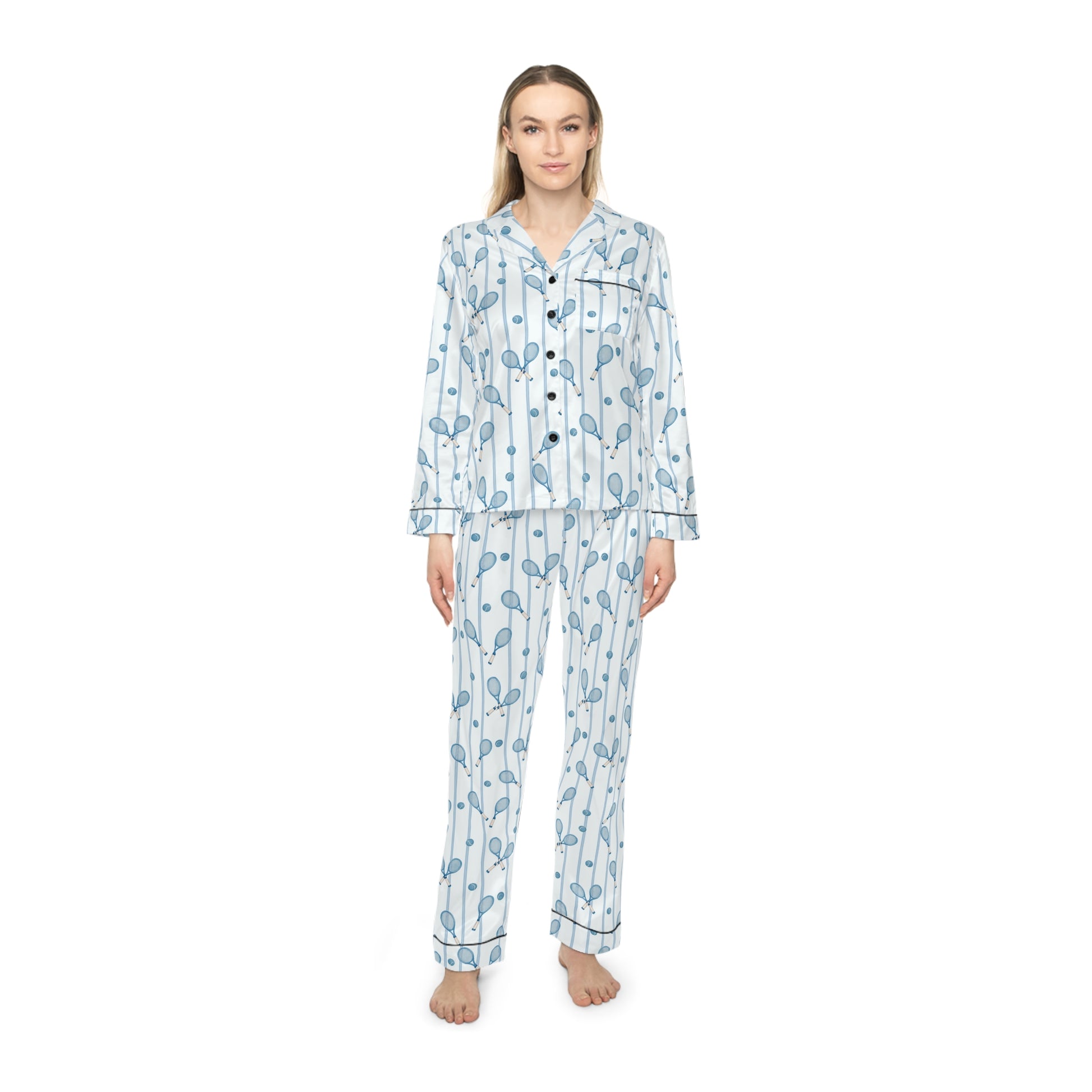 Front view of woman wearing blue and white tennis satin pajama set