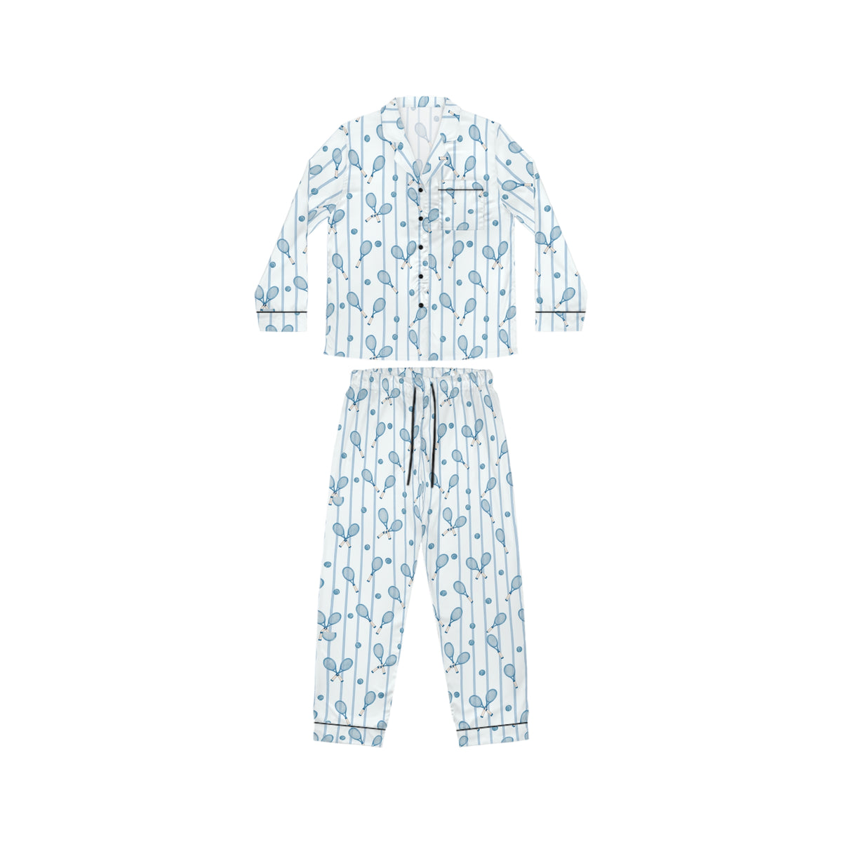Women’s blue and white tennis satin pajama set with racket and ball print
