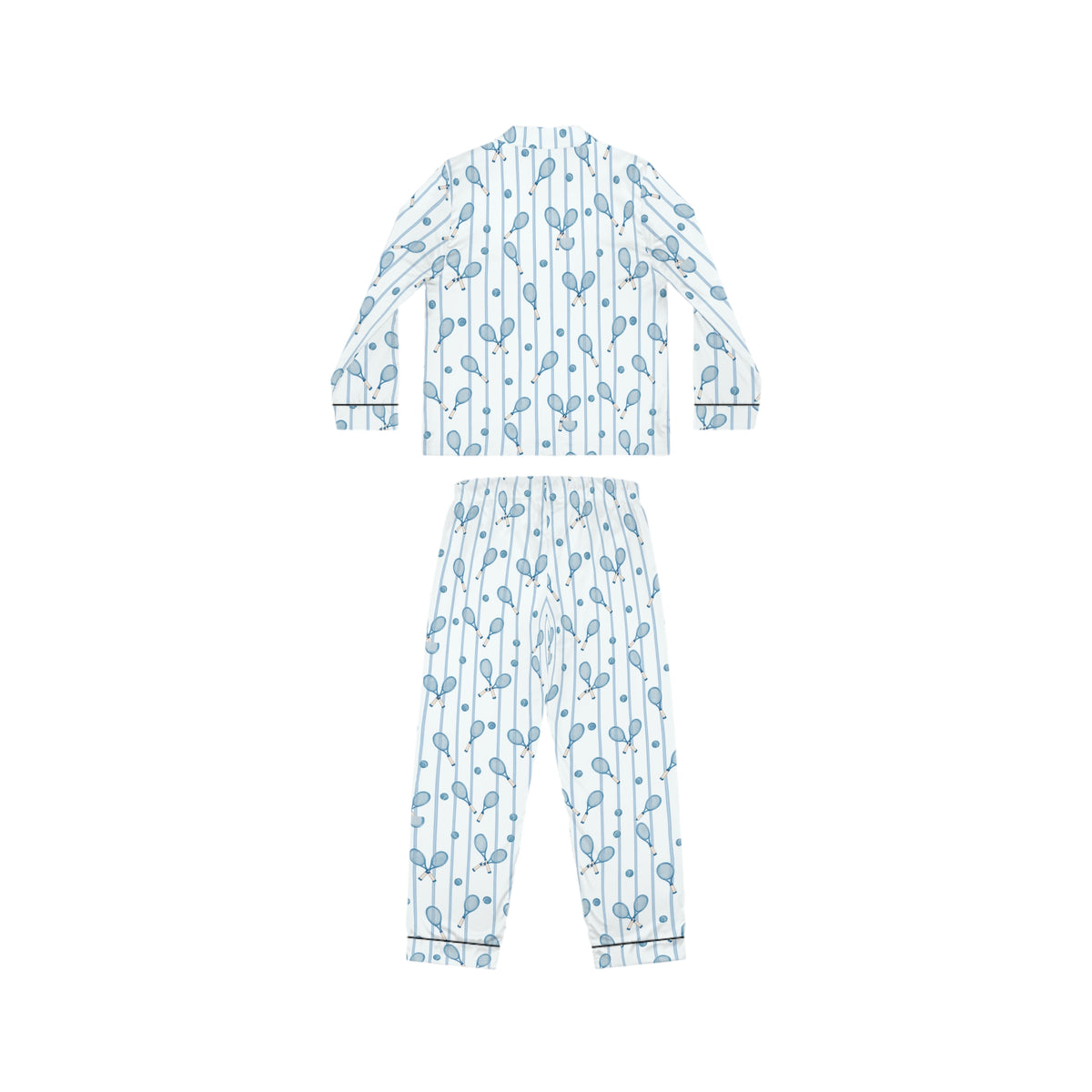 Women’s long sleeve tennis satin pajama set with blue striped racket pattern