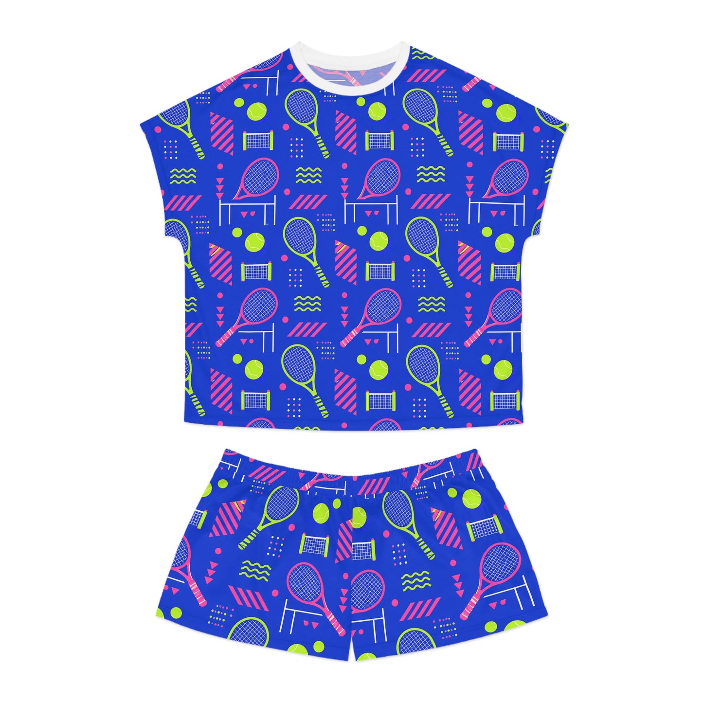 Blue women’s short pajama set with colorful tennis racket and ball print