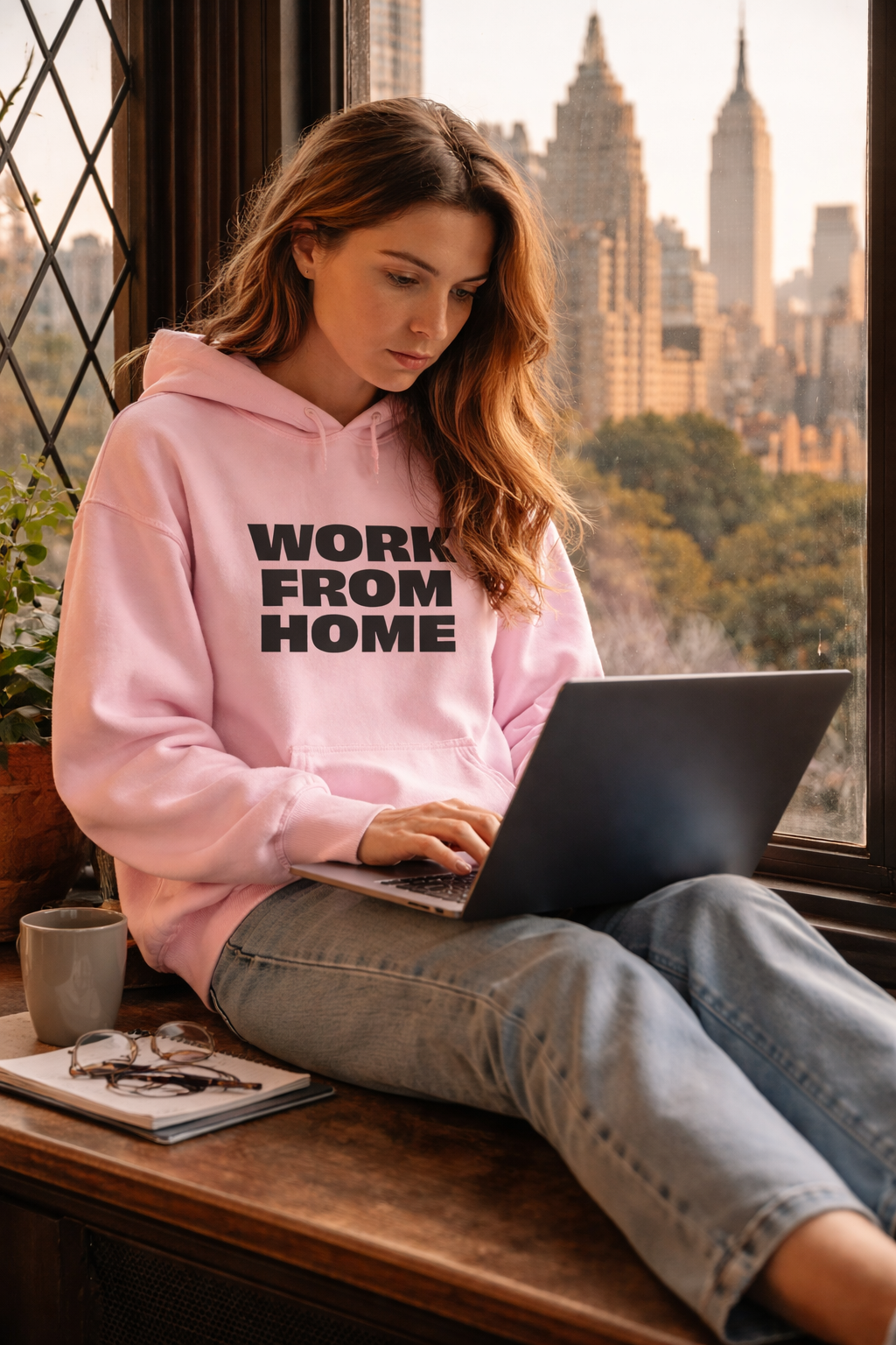 woman working remotely wearing pink work from home hoodie using laptop