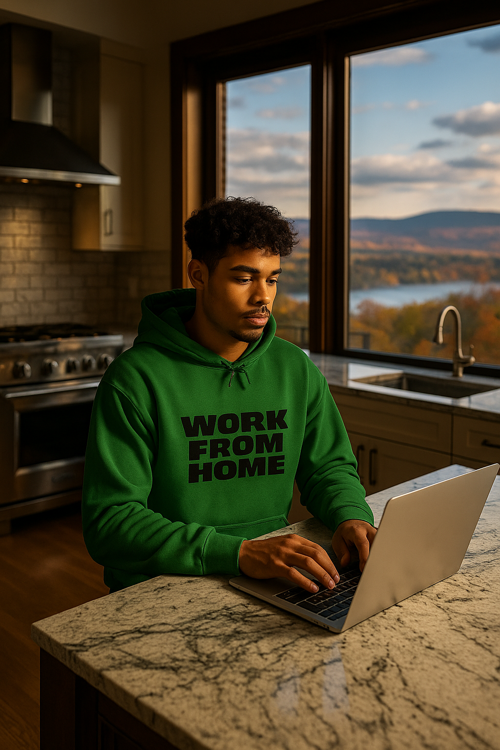 man working from home wearing green work from home hoodie on laptop in modern kitchen