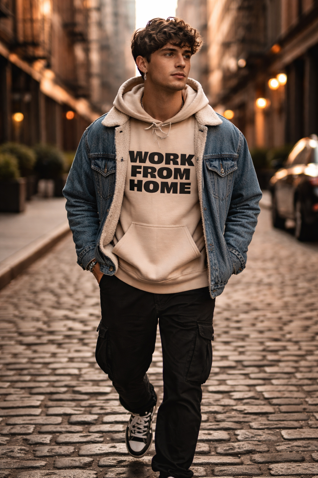 man walking in city wearing beige work from home hoodie streetwear style