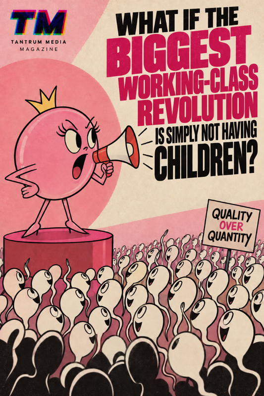 Retro editorial cartoon of an ovule leading a crowd of sperm protesters beneath the headline “What If the Biggest Working-Class Revolution Is Simply Not Having Children?” with a “Quality Over Quantity” sign.