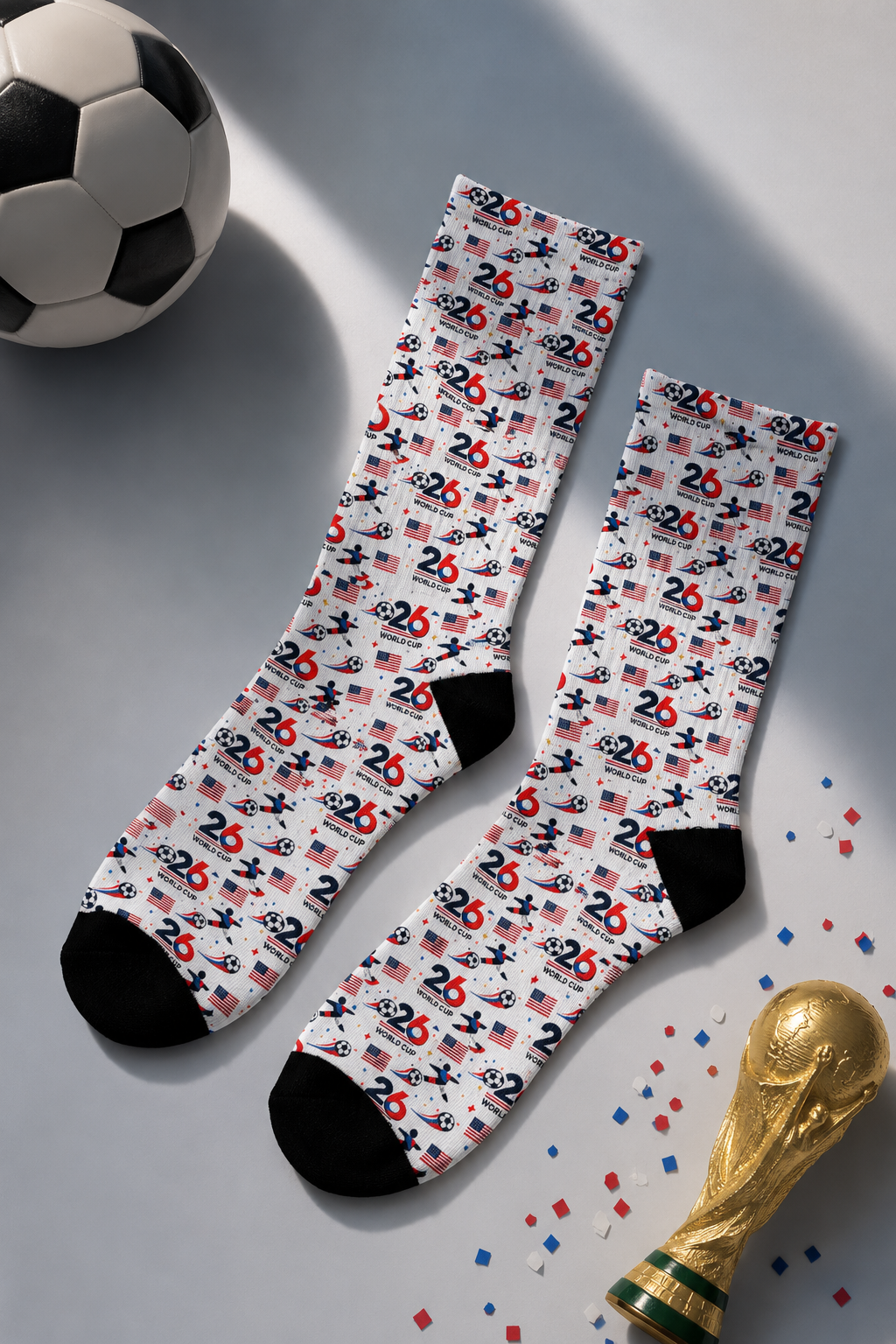 World Cup 2026 soccer fan socks displayed in an editorial flat-lay with a soccer ball, championship trophy, and patriotic confetti on a soft gradient background
