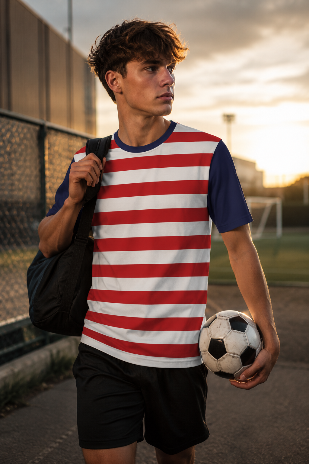 Young soccer fan wearing a World Cup 2026 USA t-shirt with graphic back print while watching a match in a stadium.