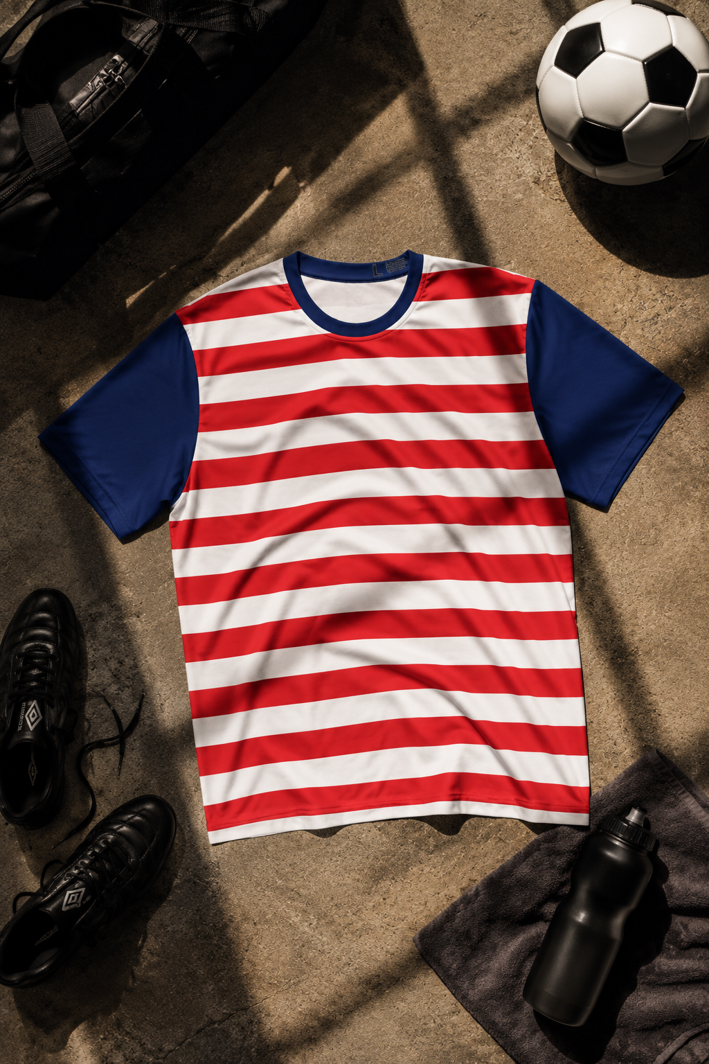 Back view of a blue World Cup 2026 USA soccer t-shirt featuring a colorful tournament graphic.