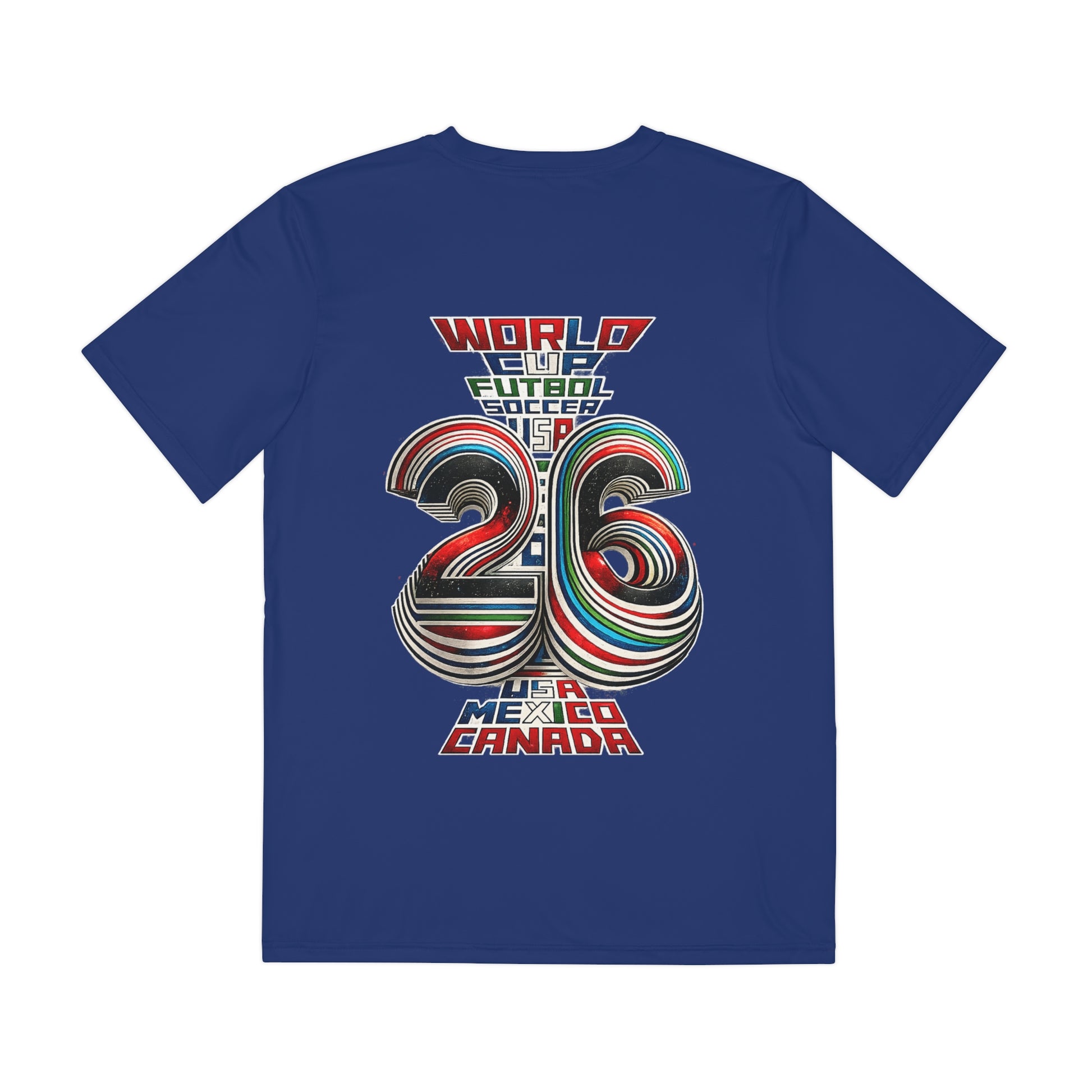 Cinematic flat-lay mockup showing the back graphic of a World Cup 2026 USA soccer t-shirt.