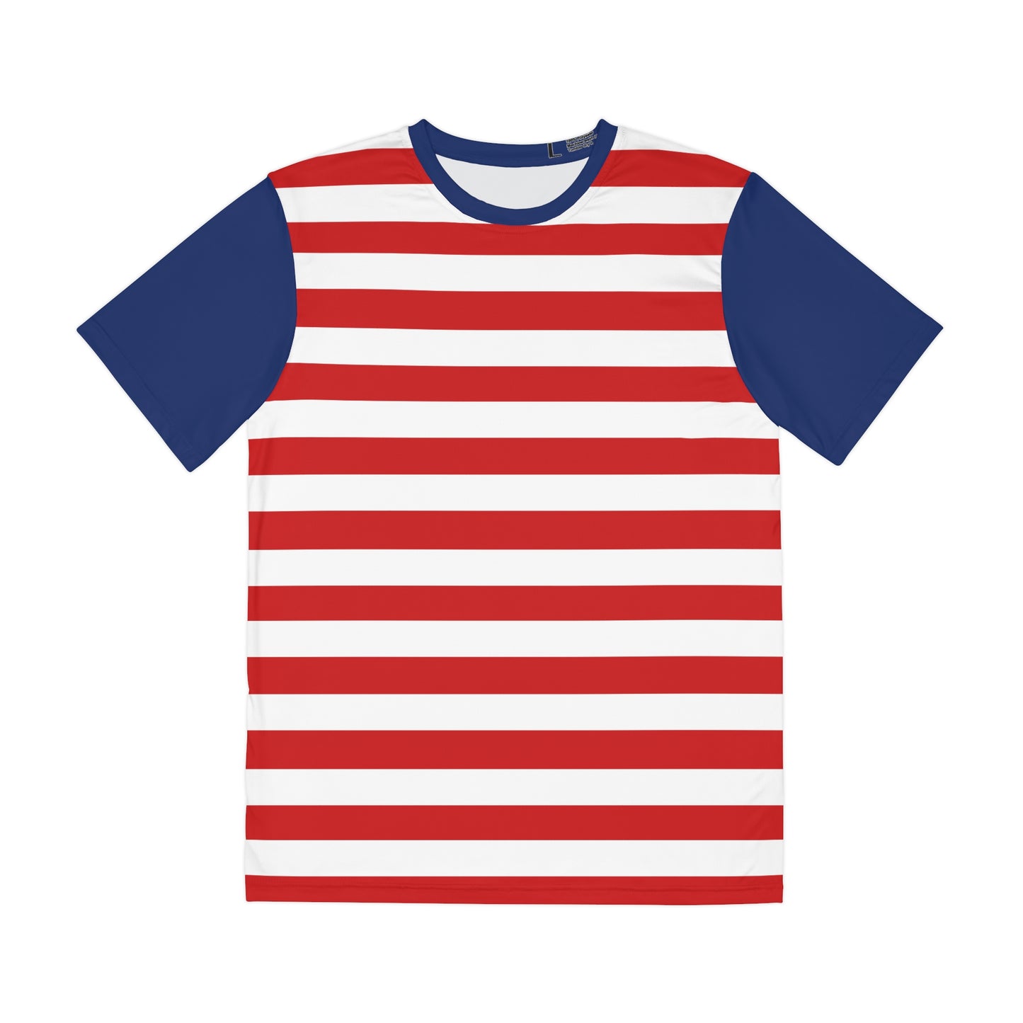 Editorial flat-lay mockup of a red and white striped soccer t-shirt with blue sleeves on a textured surface.