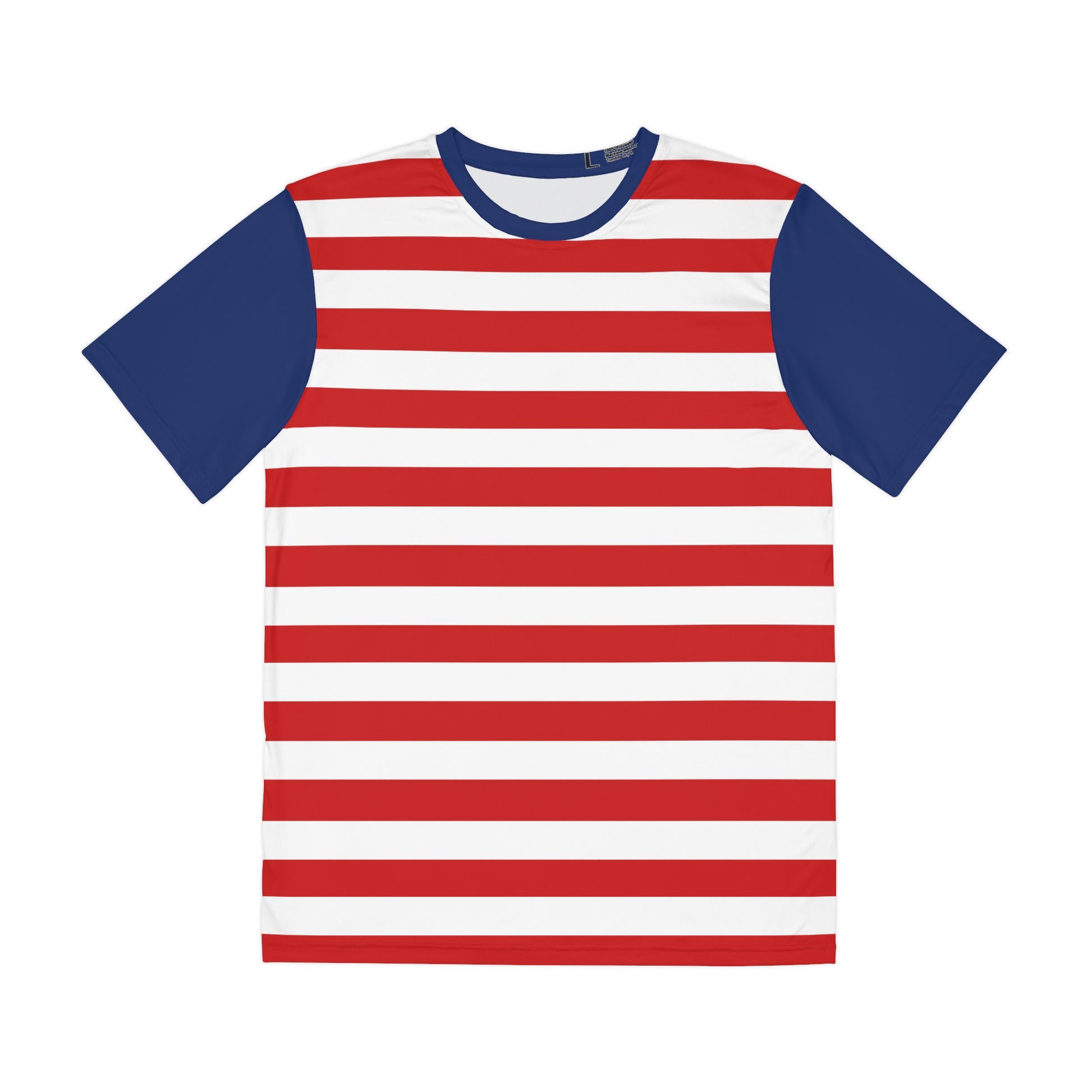 Editorial flat-lay mockup of a red and white striped soccer t-shirt with blue sleeves on a textured surface.