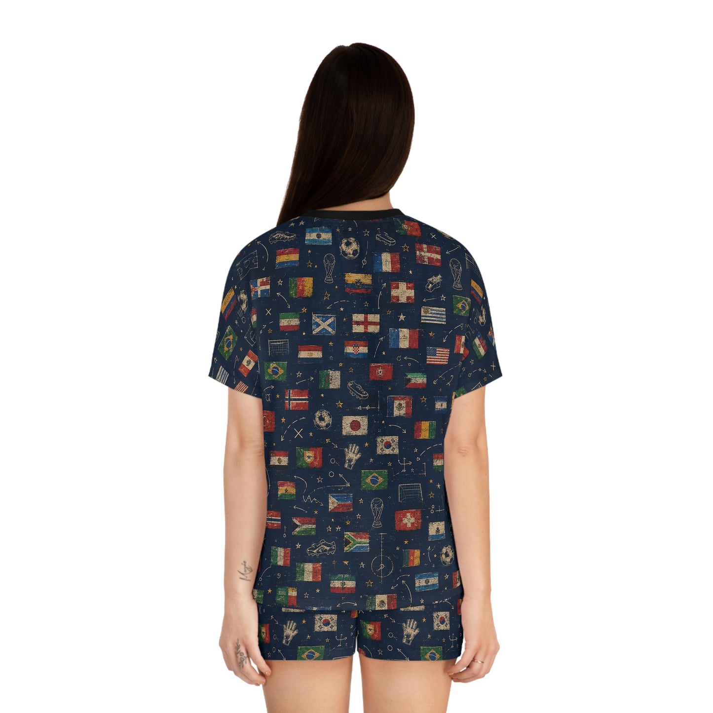 Back view of a model wearing the World Cup Flags Women's Satin Pajama Set featuring an all-over soccer-inspired international flags design.