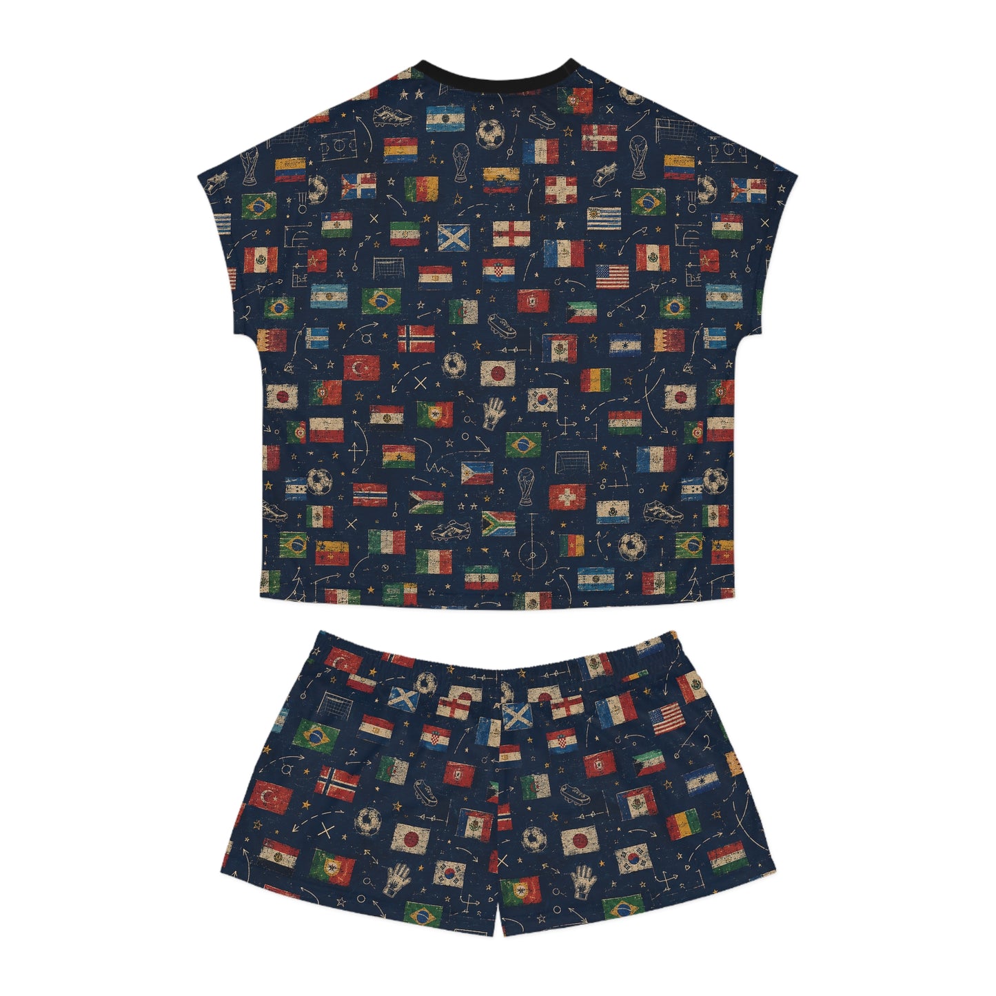 Back view of the World Cup Flags Women's Satin Pajama Set with an all-over vintage football flags print.