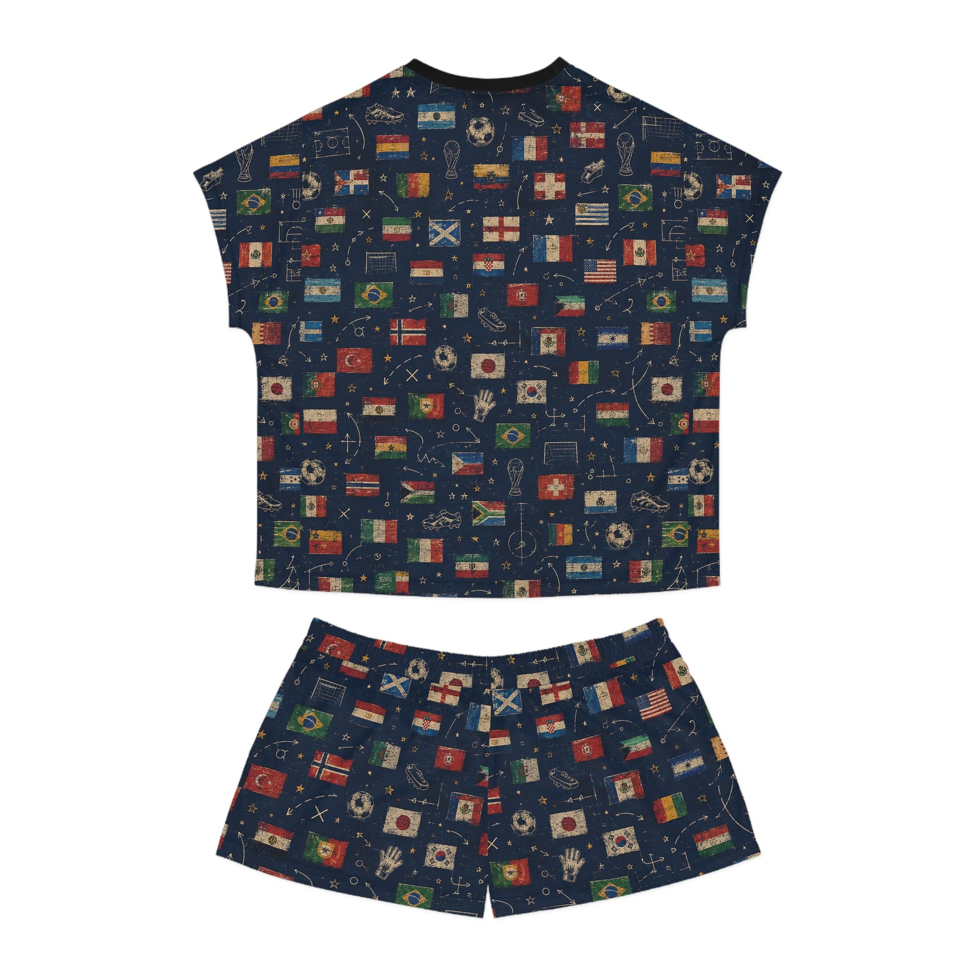 Back view of the World Cup Flags Women's Satin Pajama Set with an all-over vintage football flags print.