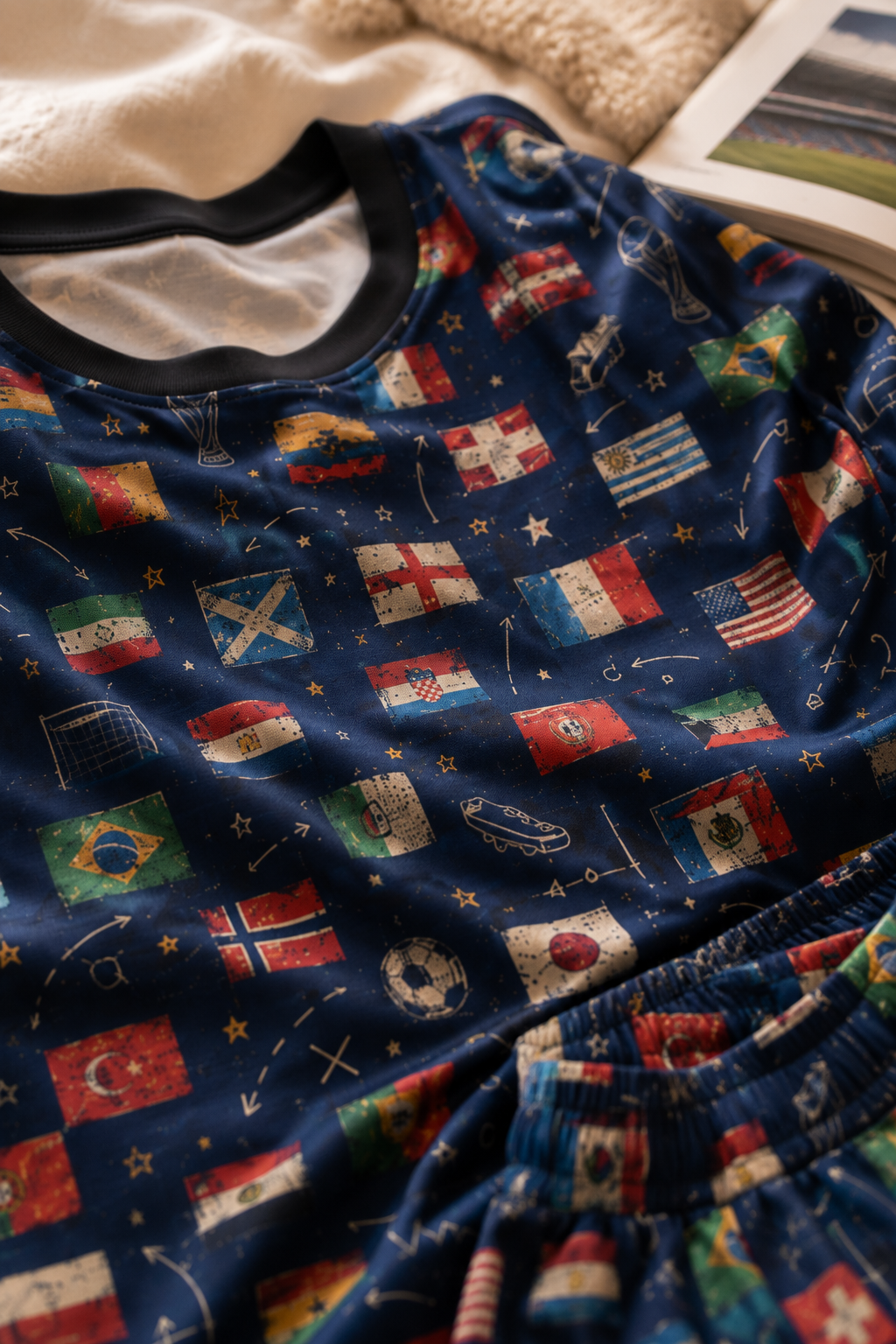 Close-up of the World Cup Flags Women's Satin Pajama Set showcasing the silky fabric, vintage football flag pattern, and premium print detail.