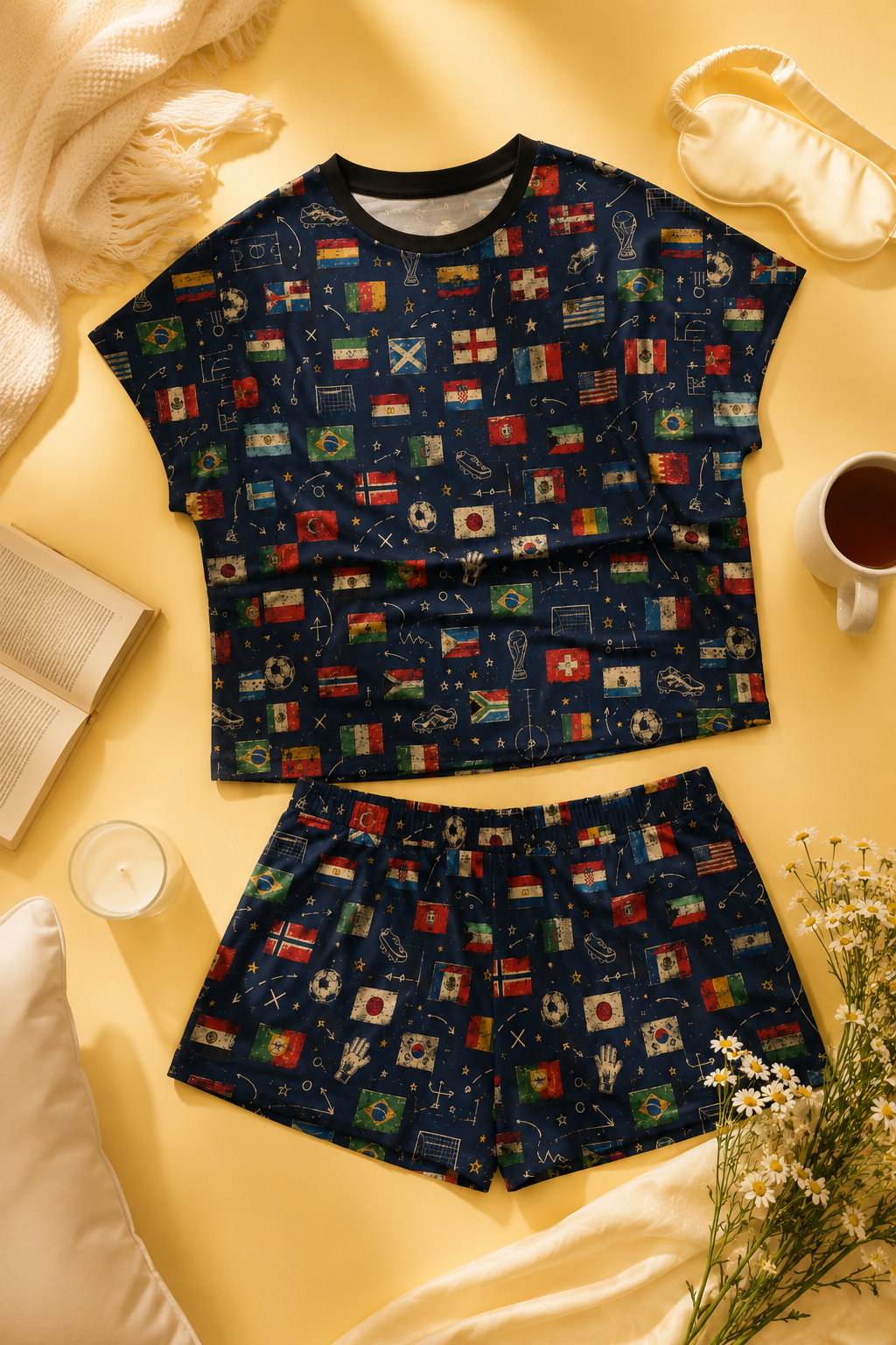 Flat lay of the World Cup Flags Women's Satin Pajama Set on a soft yellow background with cozy bedtime accessories.