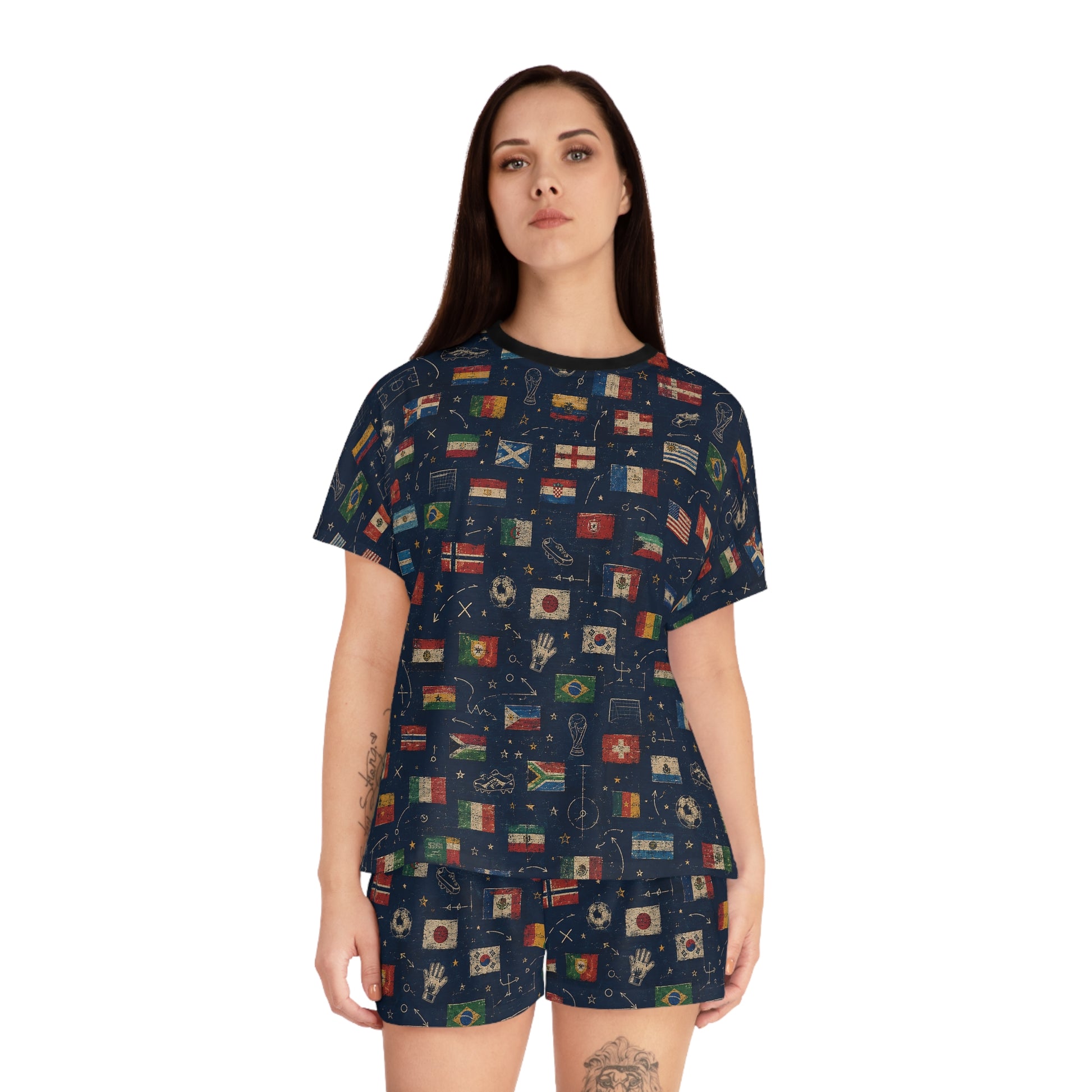 Model wearing the World Cup Flags Women's Satin Pajama Set, silky soccer fan sleepwear front view.