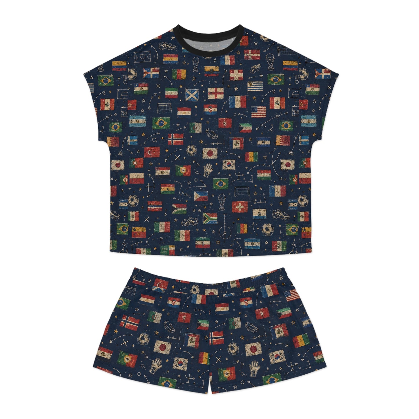 Front view of the World Cup Flags Women's Satin Pajama Set featuring vintage international soccer flags and football-inspired graphics.