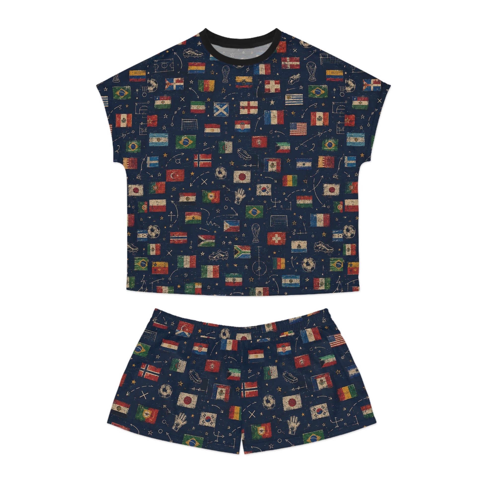 Front view of the World Cup Flags Women's Satin Pajama Set featuring vintage international soccer flags and football-inspired graphics.