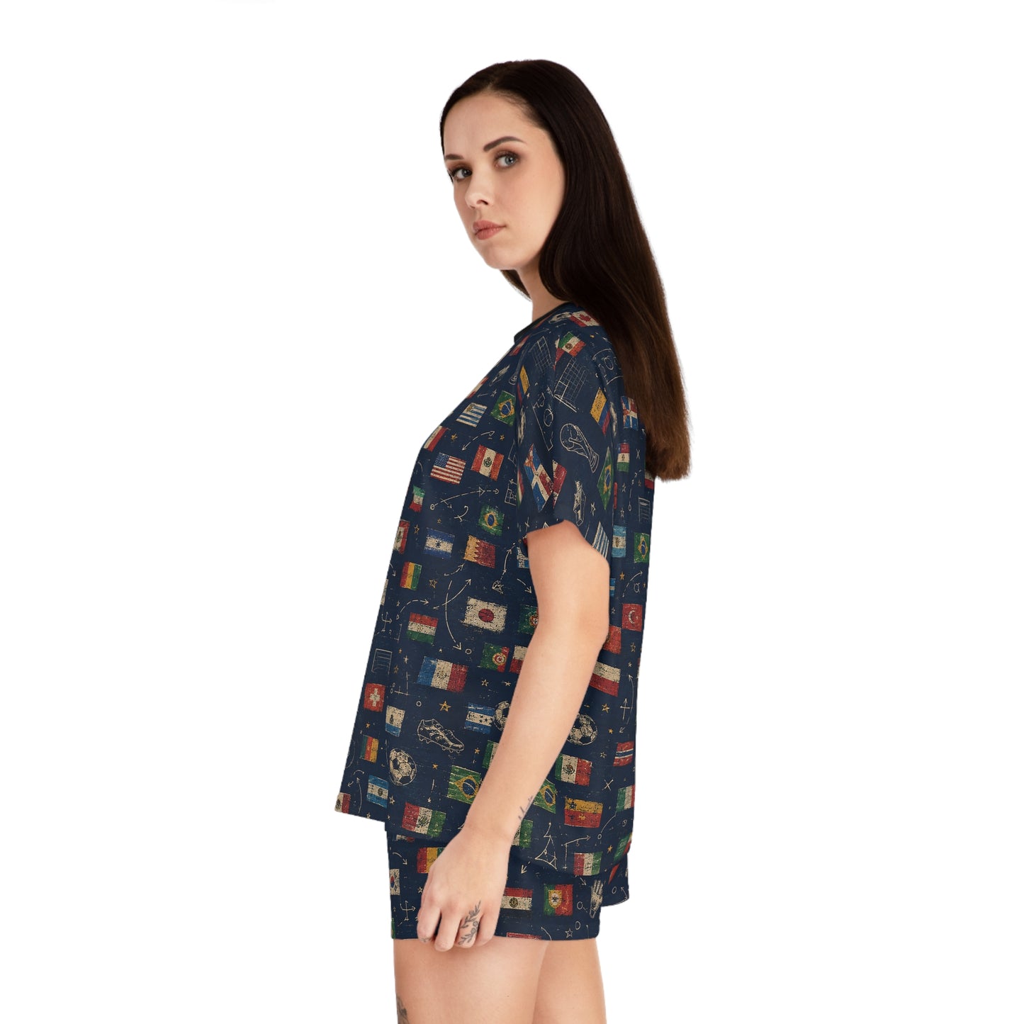 Left-side view of the World Cup Flags Women's Satin Pajama Set showcasing the relaxed fit and silky fabric.