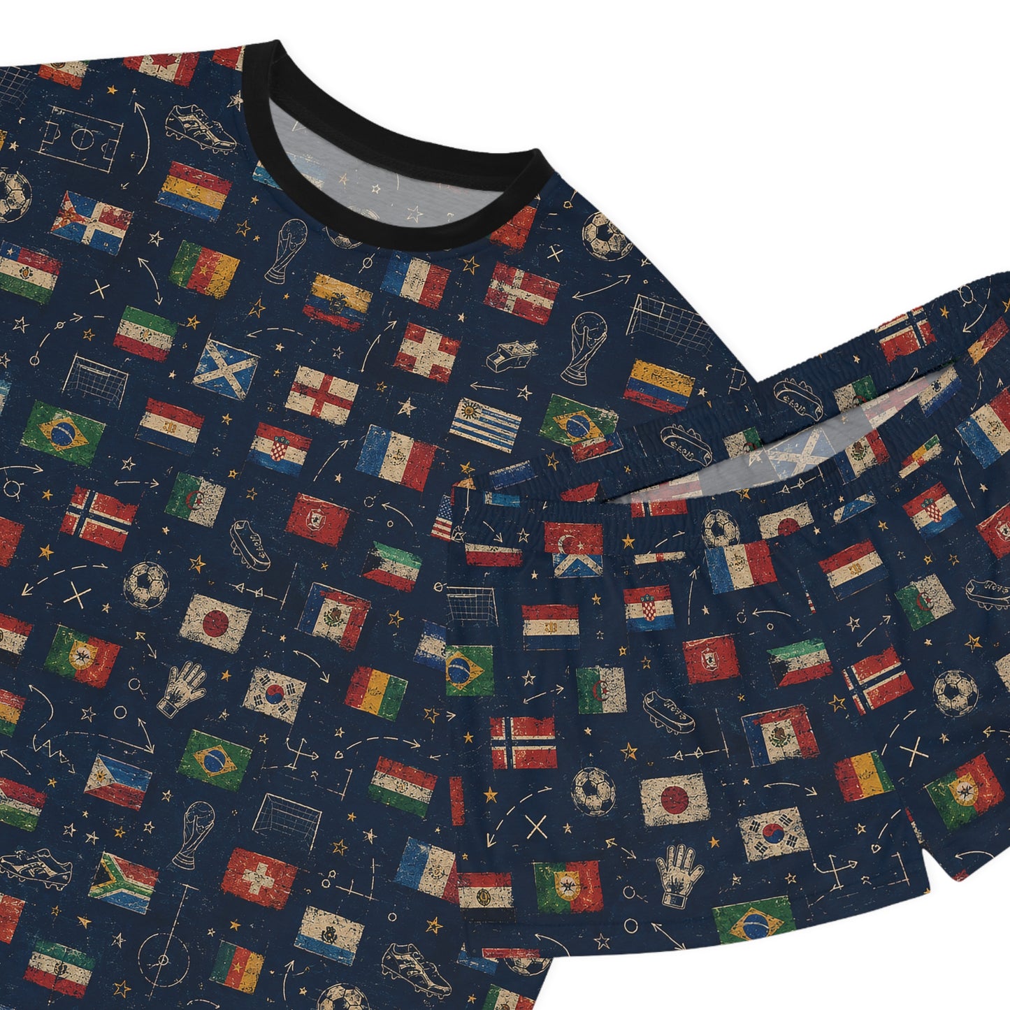 Close-up of the World Cup Flags Women's Satin Pajama Set featuring international flags, soccer icons, and vintage-inspired football artwork.