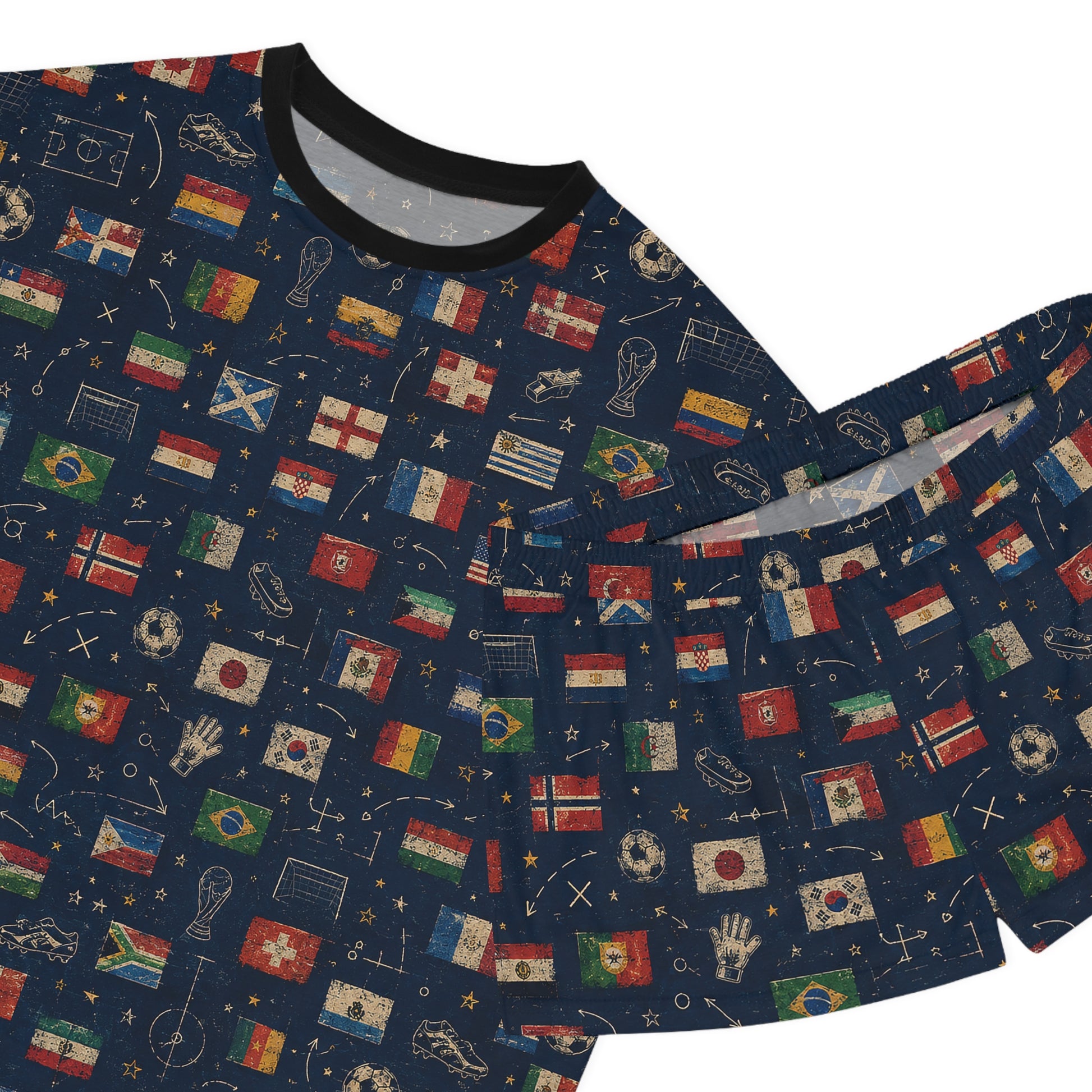 Close-up of the World Cup Flags Women's Satin Pajama Set featuring international flags, soccer icons, and vintage-inspired football artwork.