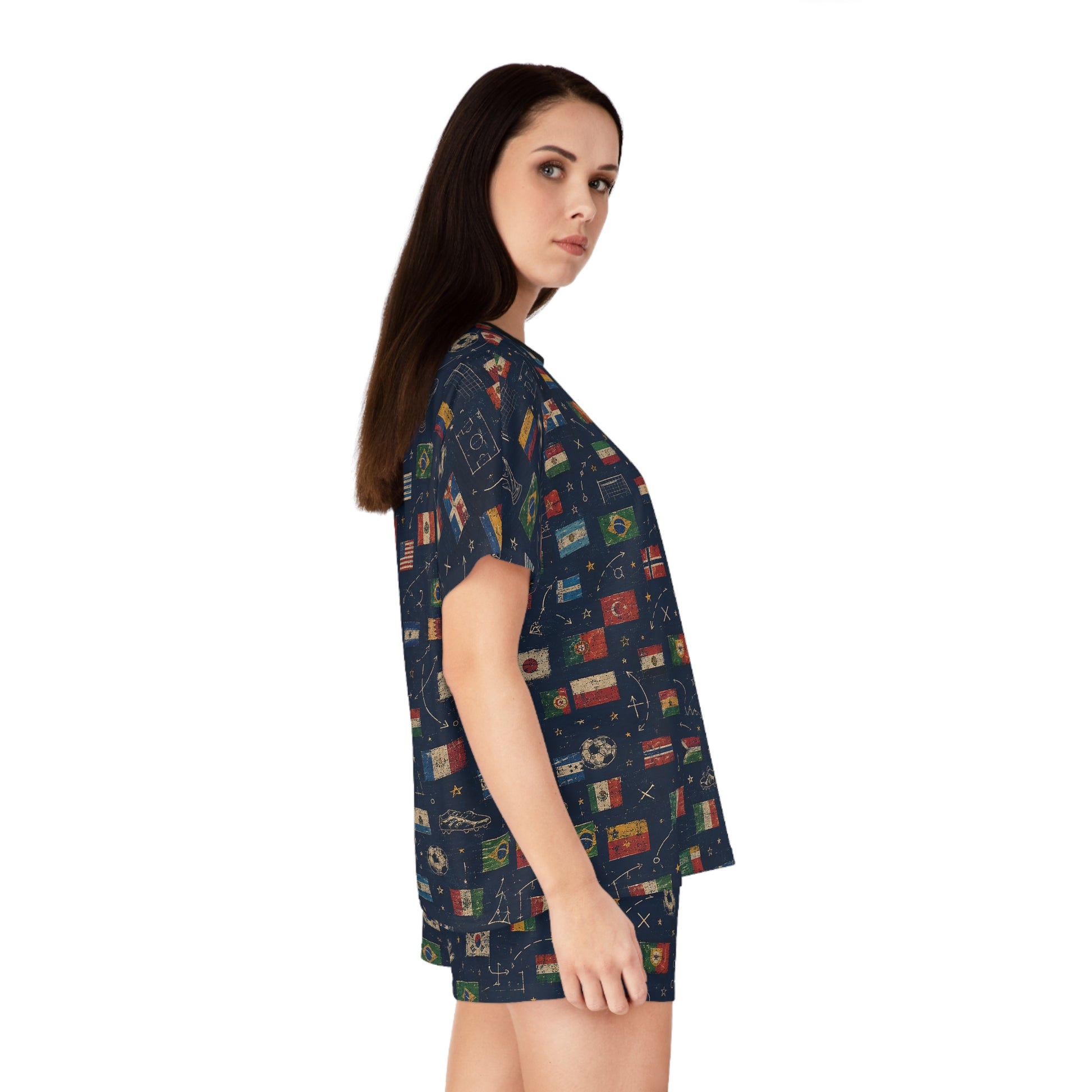 Right-side view of a model wearing the World Cup Flags Women's Satin Pajama Set with vintage football flag print.