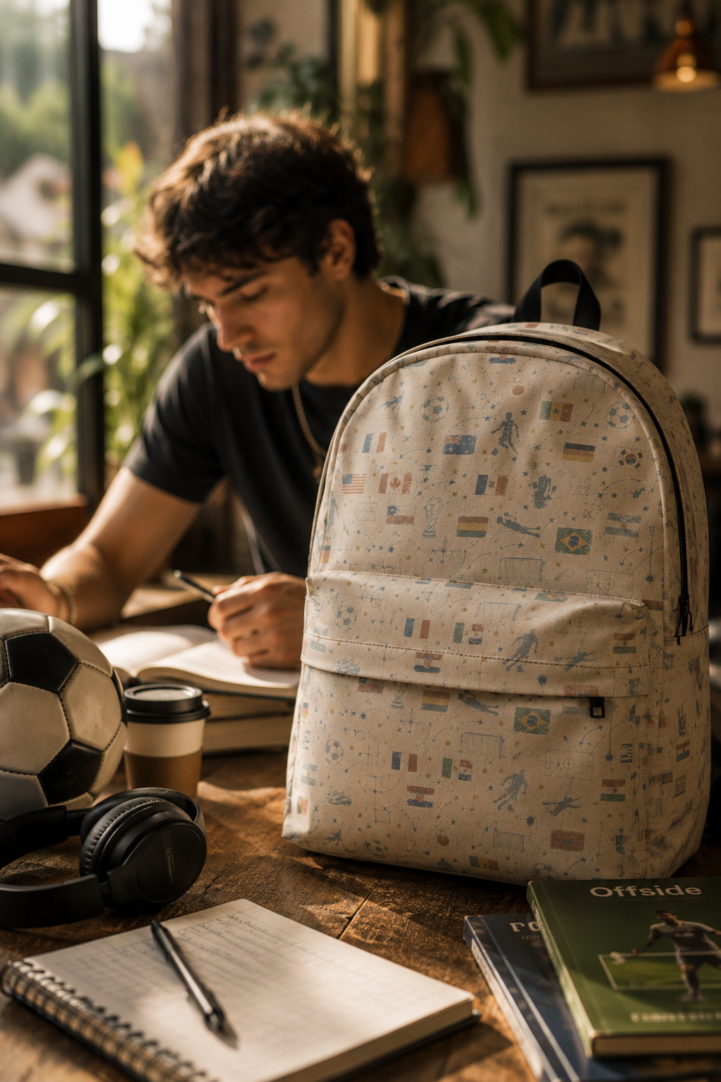 World Cup Soccer Backpack on a study desk with a college student in the background, featuring vintage football graphics and everyday campus style.