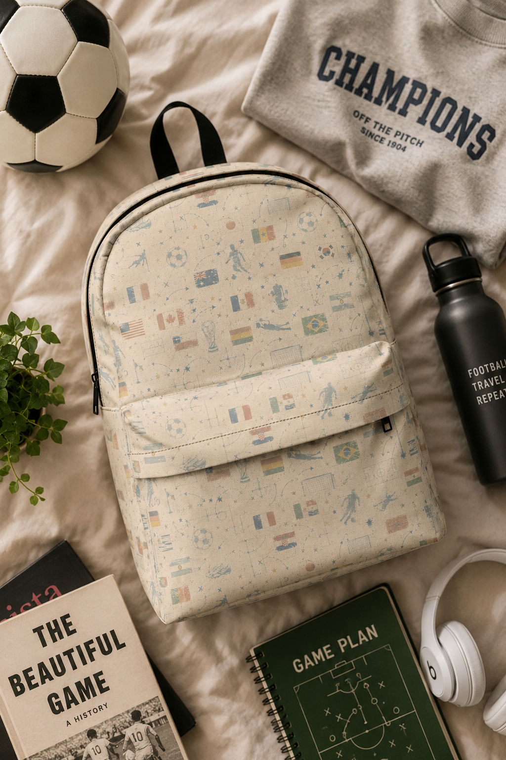 Editorial flat lay of the World Cup Soccer Backpack with books, headphones, soccer accessories, and vintage football-inspired graphics.