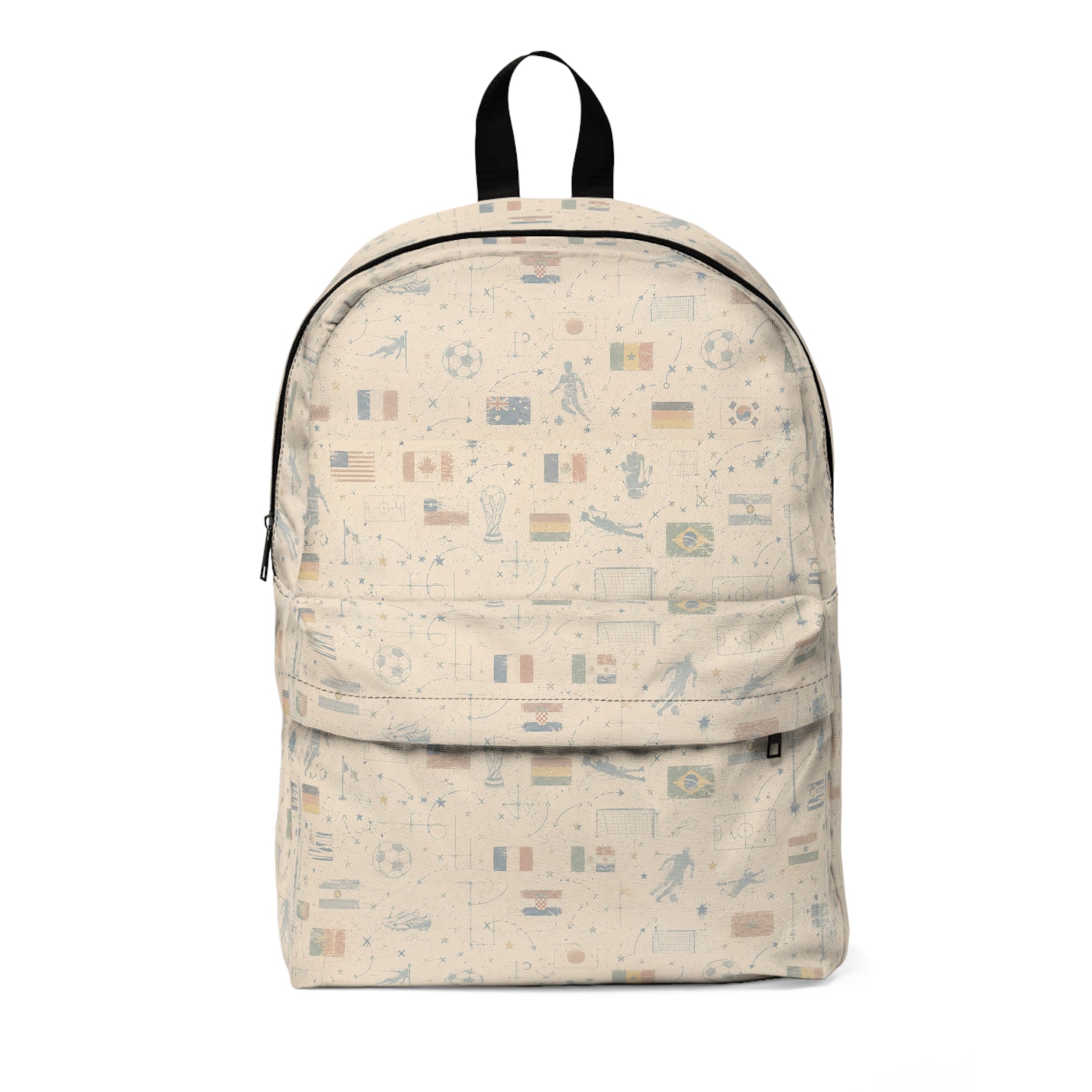 Front view of the World Cup Soccer Backpack featuring vintage international football flags, soccer icons, and tournament-inspired artwork.