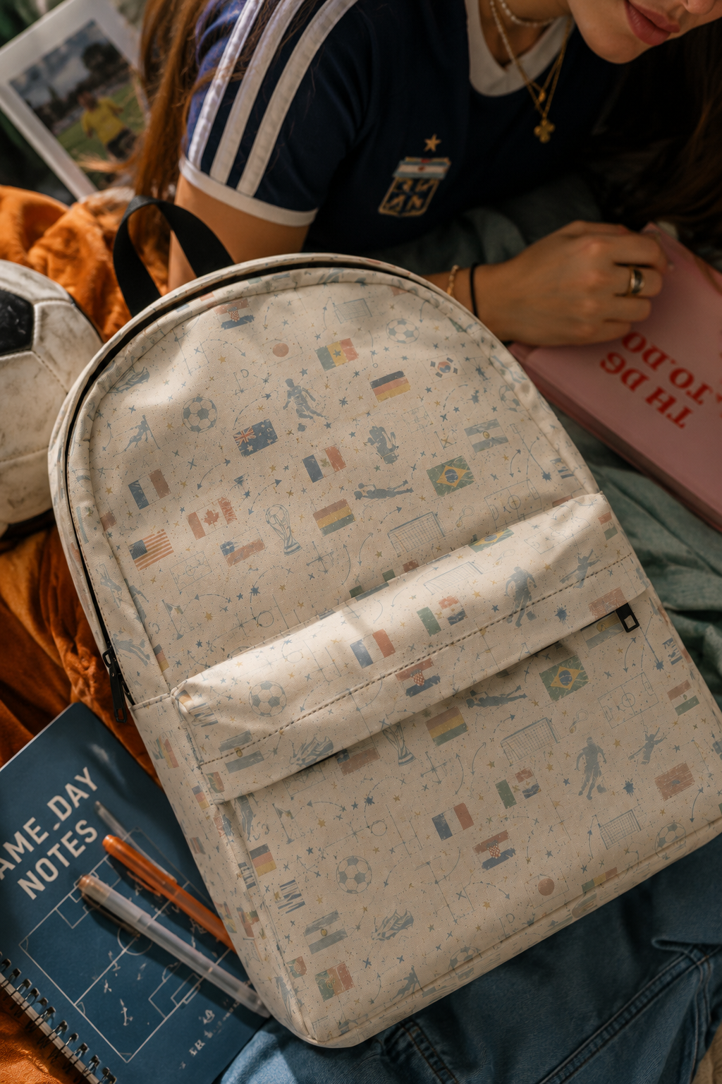 Close-up of the World Cup Soccer Backpack with a Gen Z college student in the background, showcasing the lightweight waterproof nylon fabric and vintage football print.