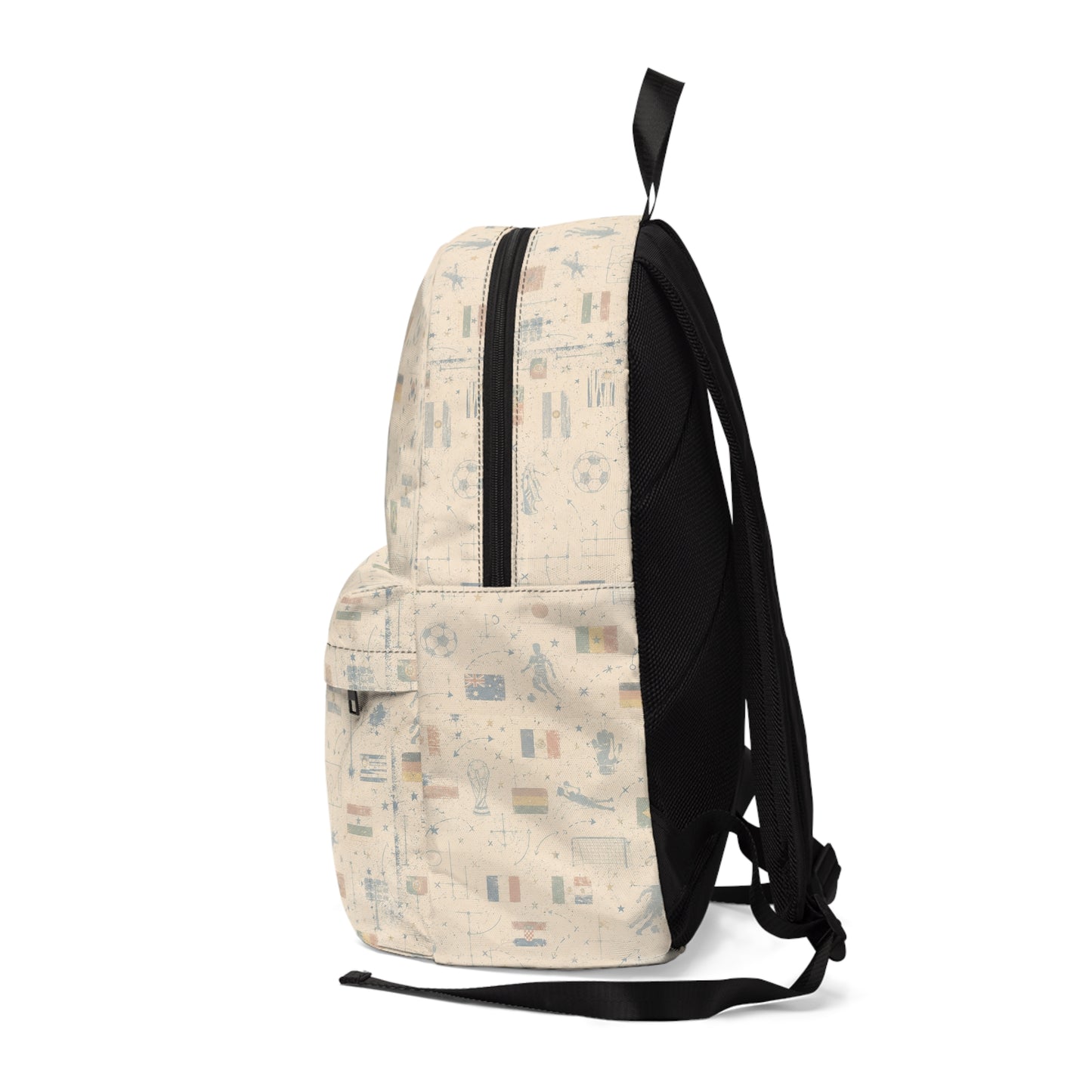 Left-side view of the World Cup Soccer Backpack with adjustable shoulder straps and vintage football-inspired print.