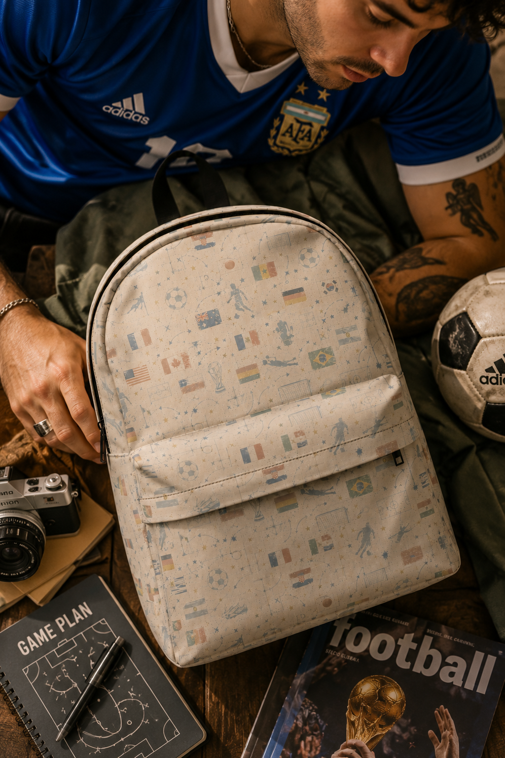Editorial close-up of the World Cup Soccer Backpack with a millennial student in the background, highlighting the vintage soccer graphics and premium nylon construction.