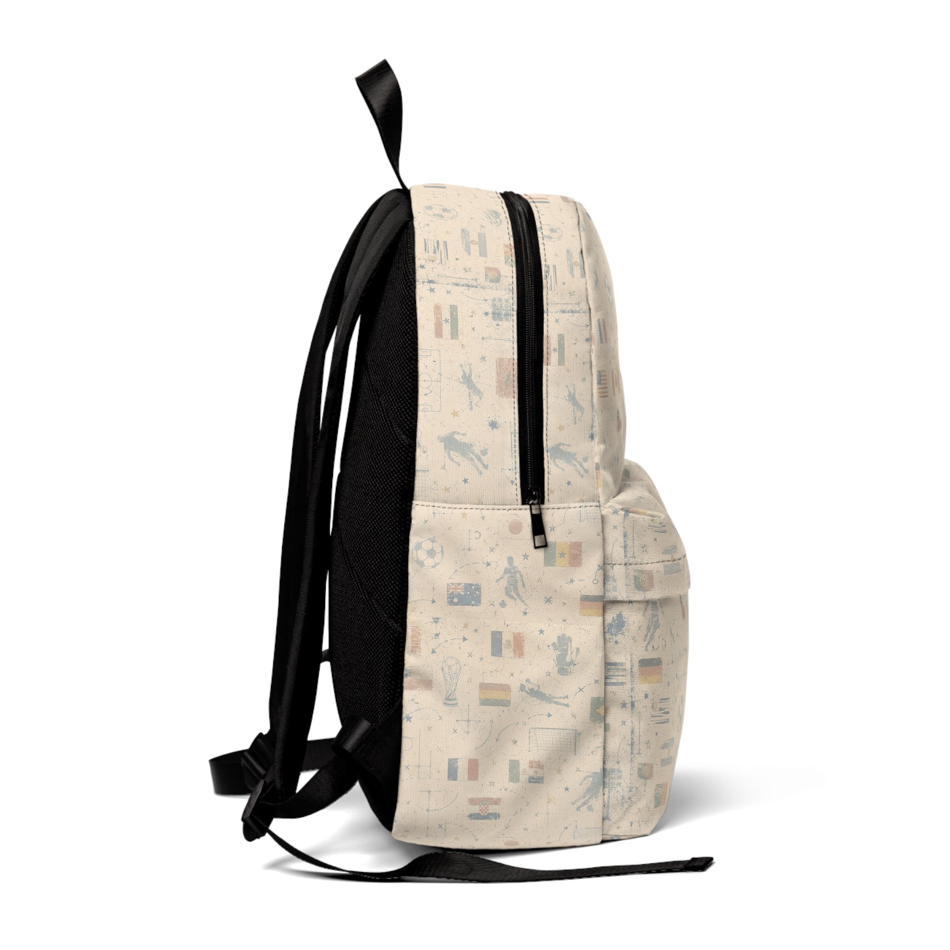 Right-side view of the World Cup Soccer Backpack showing the lightweight waterproof nylon body and adjustable shoulder straps.