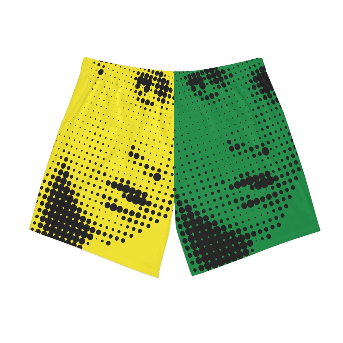 Yellow and green halftone graphic beach shorts inspired by retro pop art and streetwear fashion. Back view