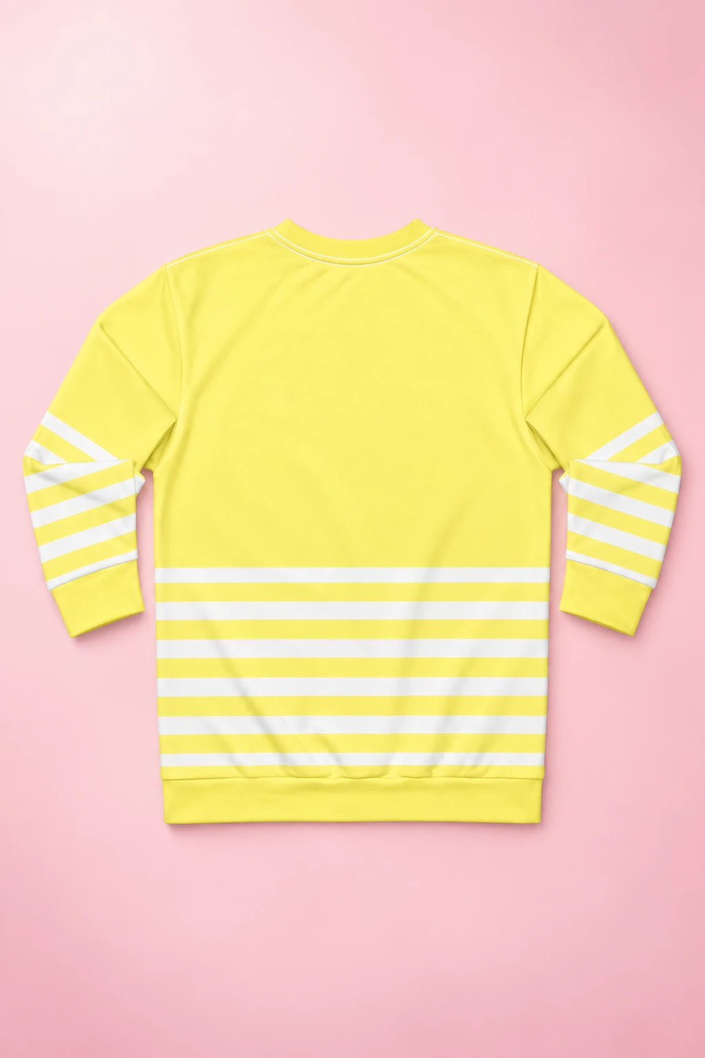 Back flat lay of yellow striped sweatshirt with white sleeve and lower body stripes on pastel pink background