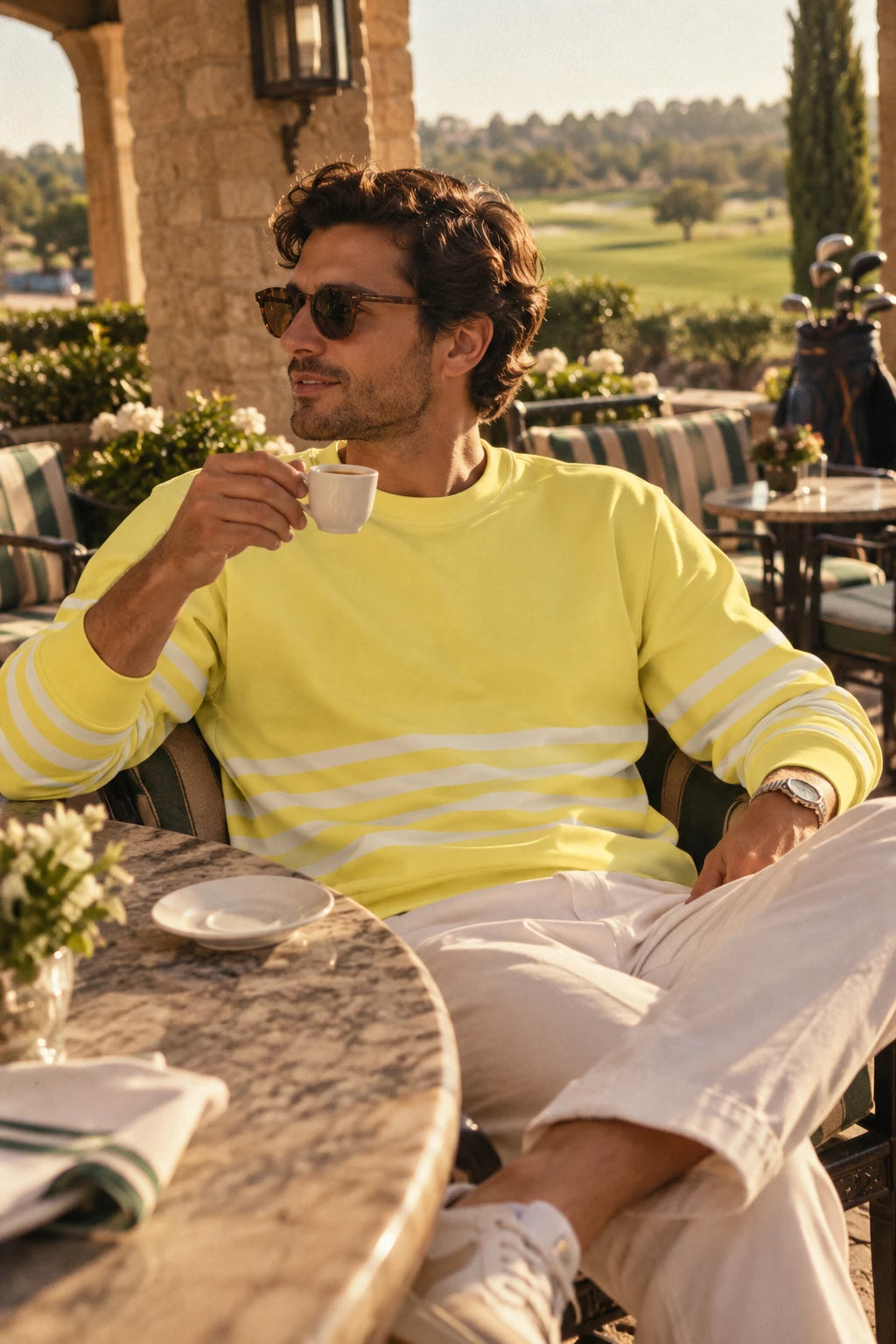 Millennial man wearing yellow striped sweatshirt while having espresso at a country club