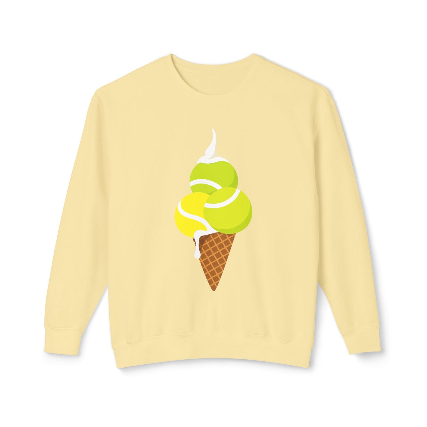 Yellow tennis sweatshirt featuring tennis ball ice cream cone graphic