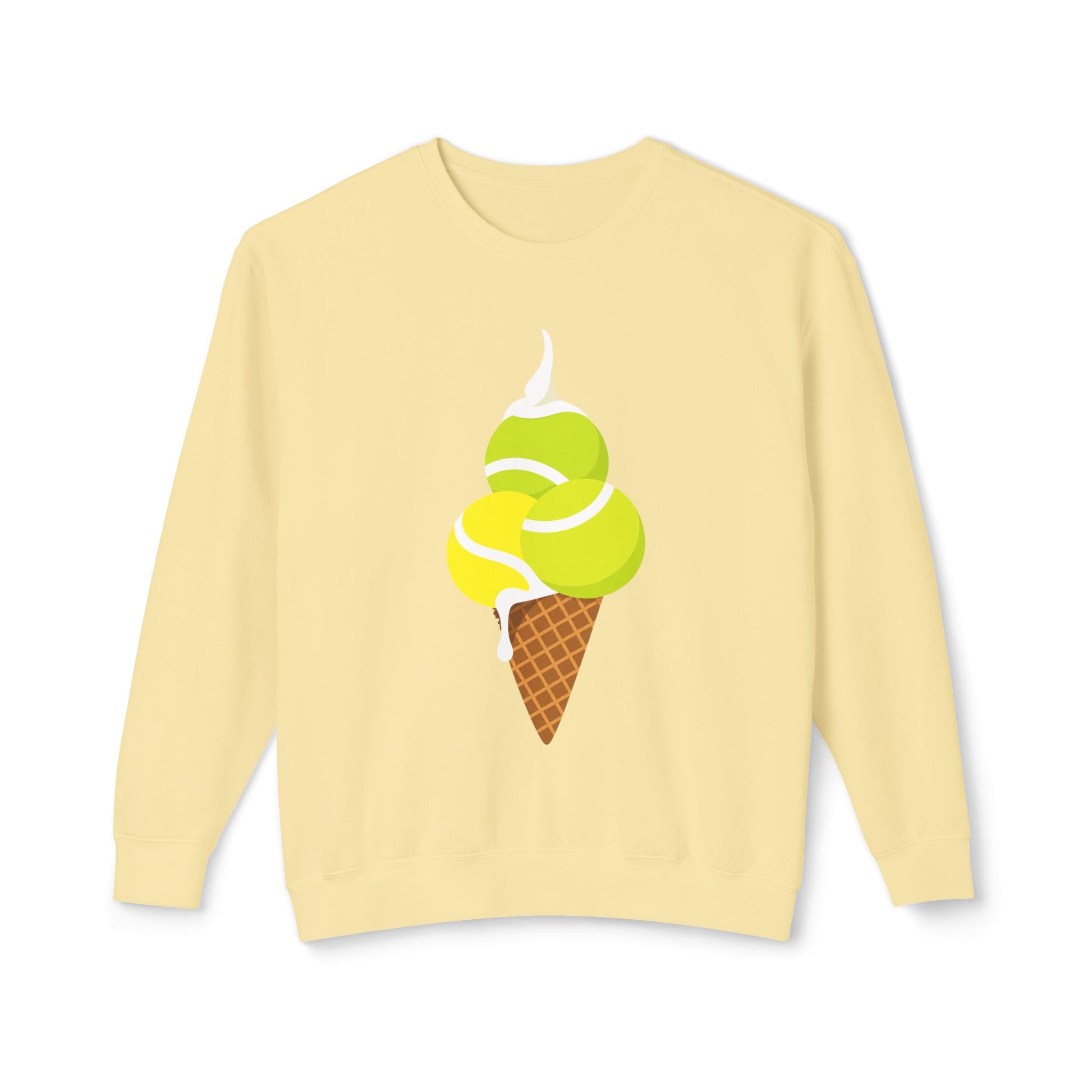 Yellow tennis sweatshirt featuring tennis ball ice cream cone graphic