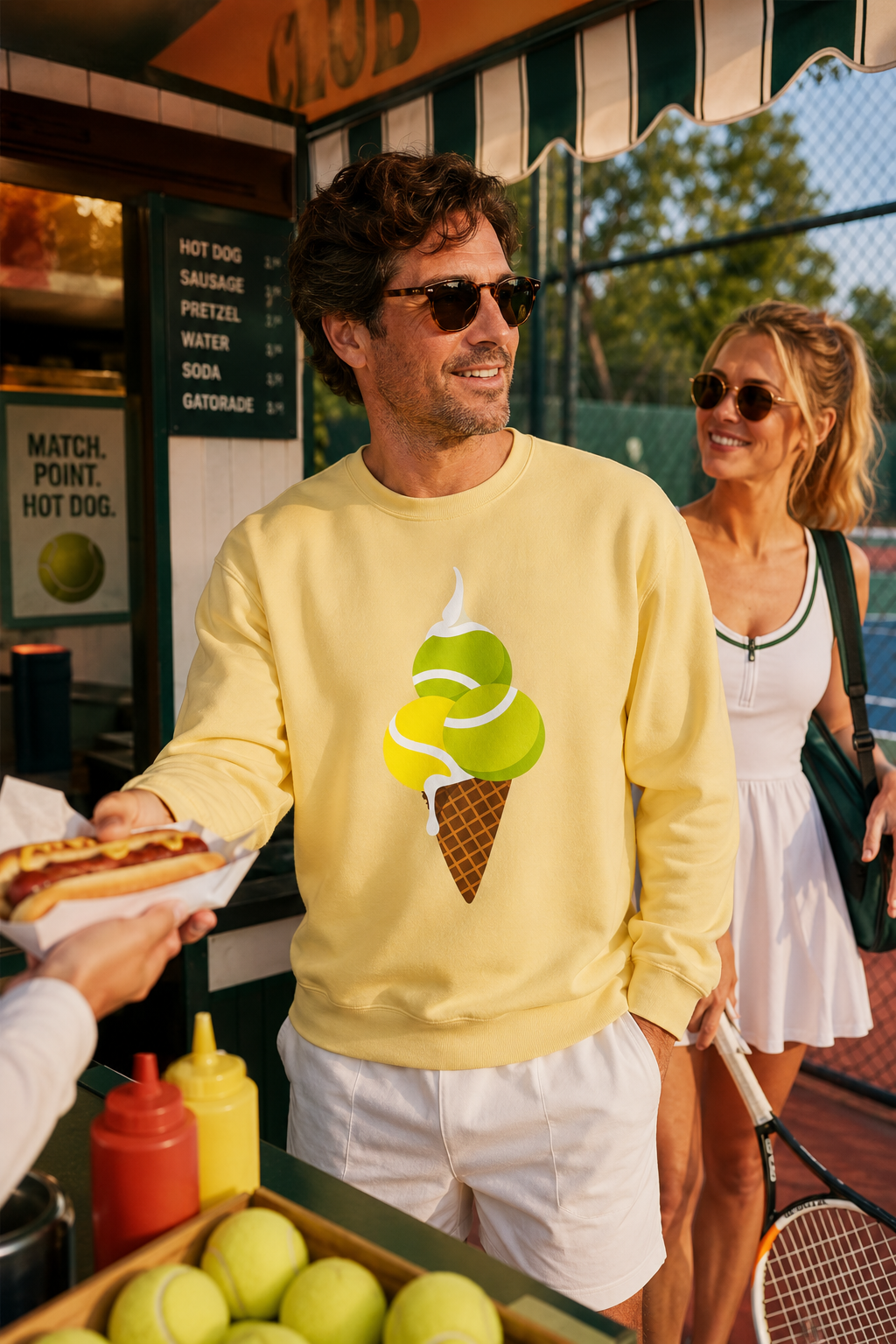 Man wearing yellow tennis graphic sweatshirt at a tennis club snack stand
