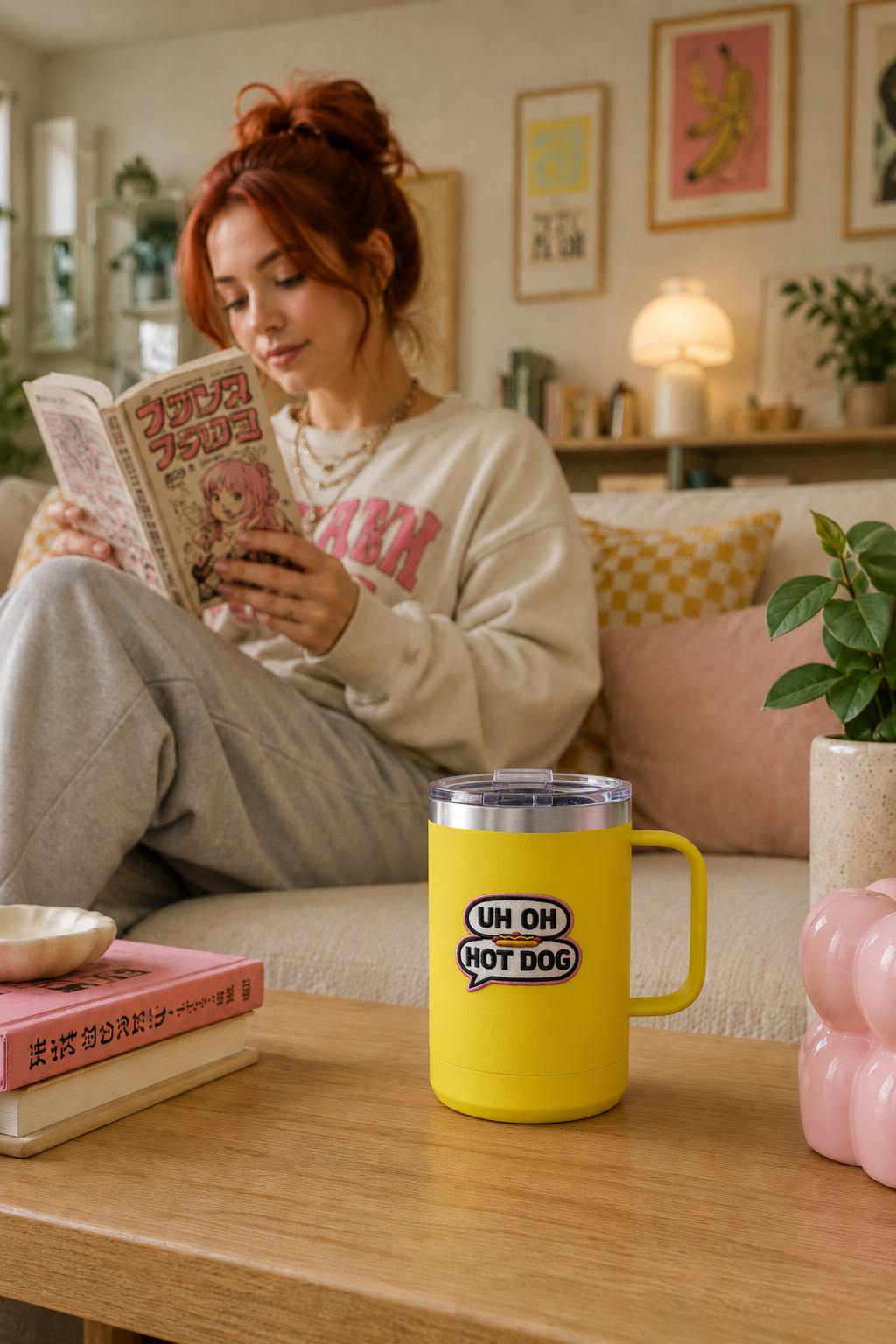 Young woman drinking from a yellow Uh Oh Hot Dog MADtv insulated mug in a pastel apartment