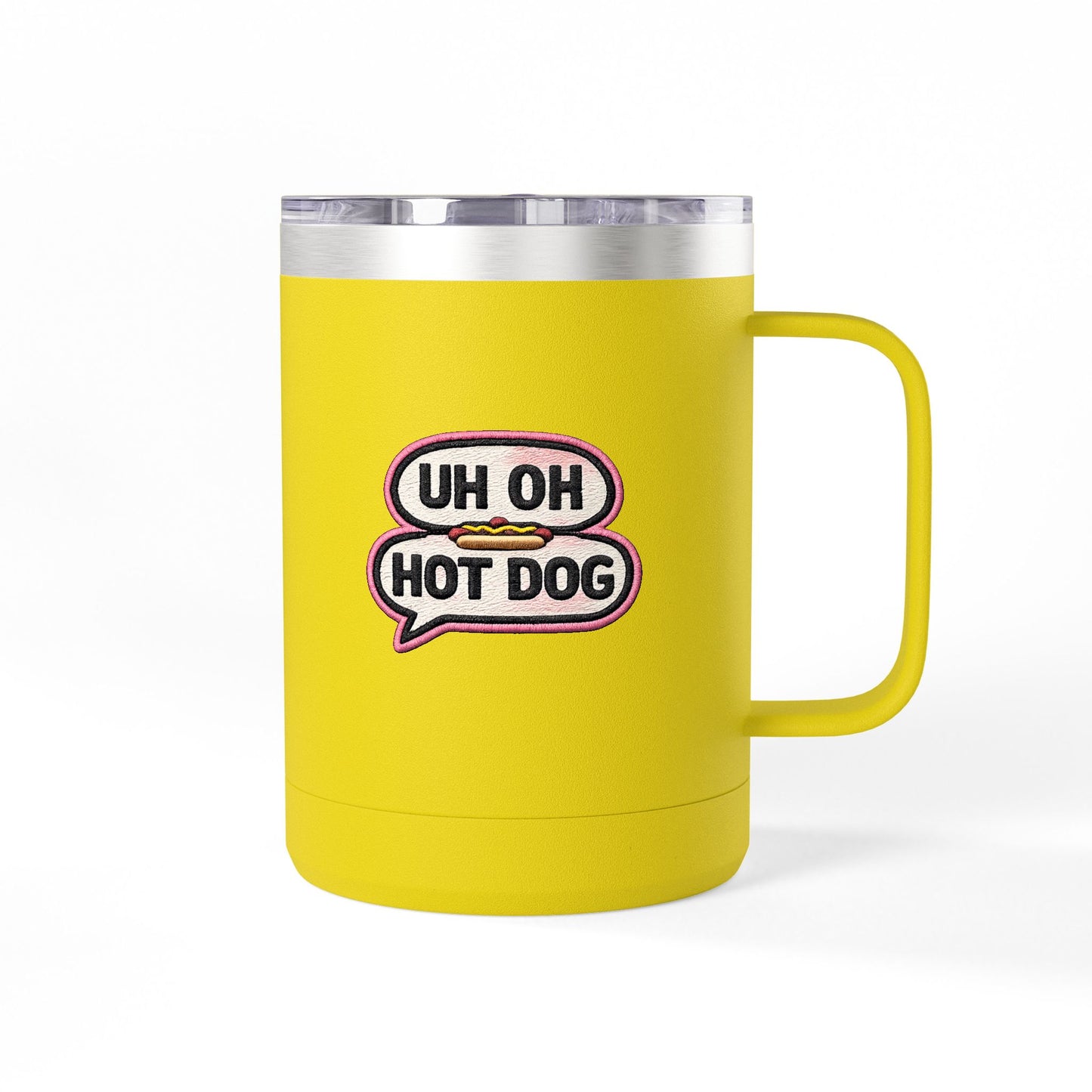 Yellow Uh Oh Hot Dog MADtv insulated coffee mug with speech-bubble design and handle, back view