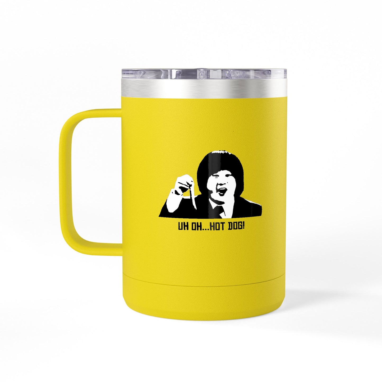Yellow Uh Oh Hot Dog MADtv stainless steel travel mug with black character artwork