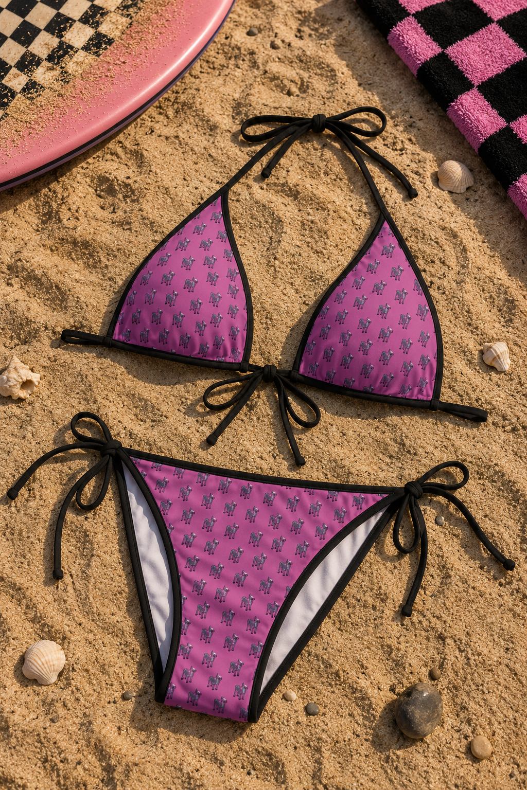 Editorial beach flat lay of a pink zebra print string bikini with black trim and tiny 8-bit zebra pattern placed on warm sand beside a retro pink surfboard and checkered towel.