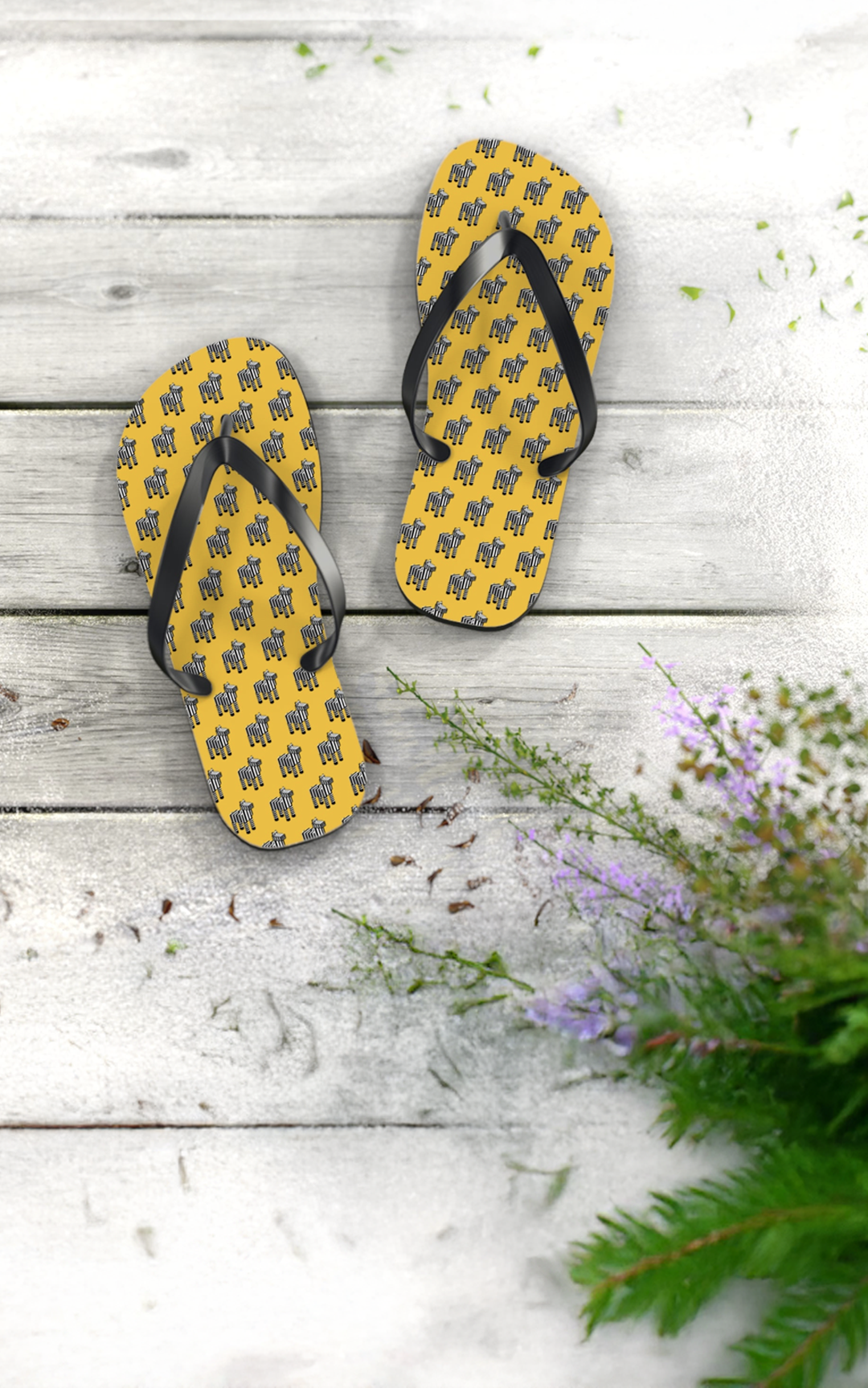 Yellow flip-flops 8-bit zebra pixel pattern on a wooden surface with greenery.